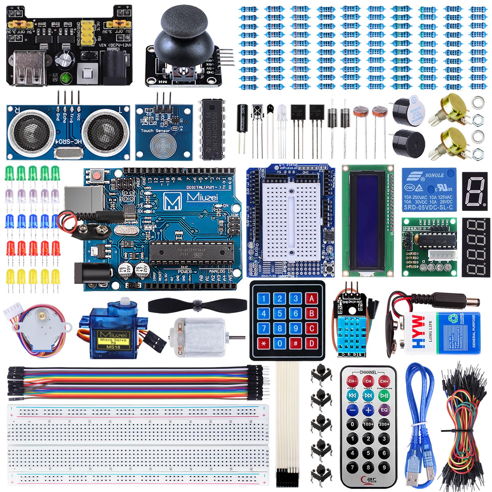 Miuzei Starter Set Compatible con Arduino Kit con Tutoría en Español, Breadboard, Servo, 9V 1A Power Supply, sensors, Leds para R3 Electronica Kit