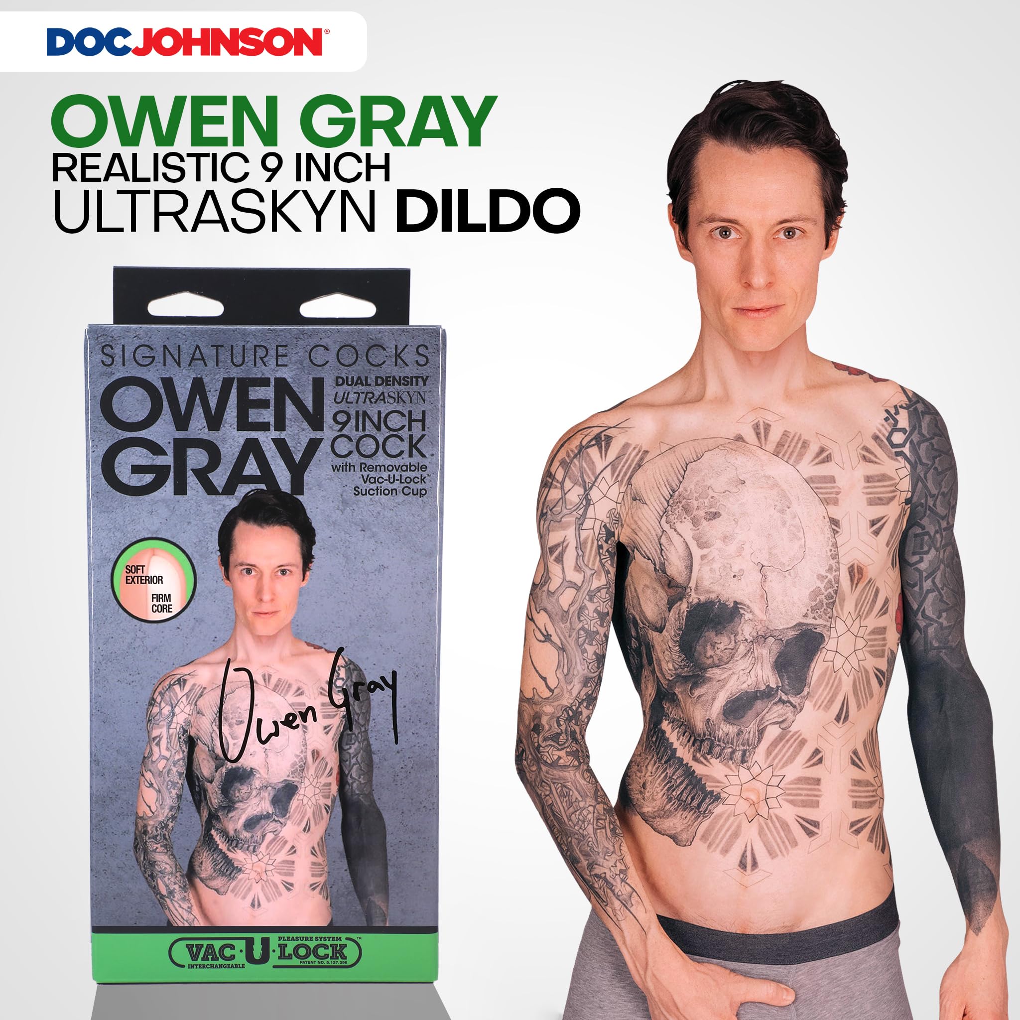 Doc Johnson Signature Series - Owen Gray - 9 Inch Realistic ULTRASKYN Dildo with Removeable Vac-U-Lock Suction Cup - F-Machine & Harness Compatible - for Adults Only, Vanilla