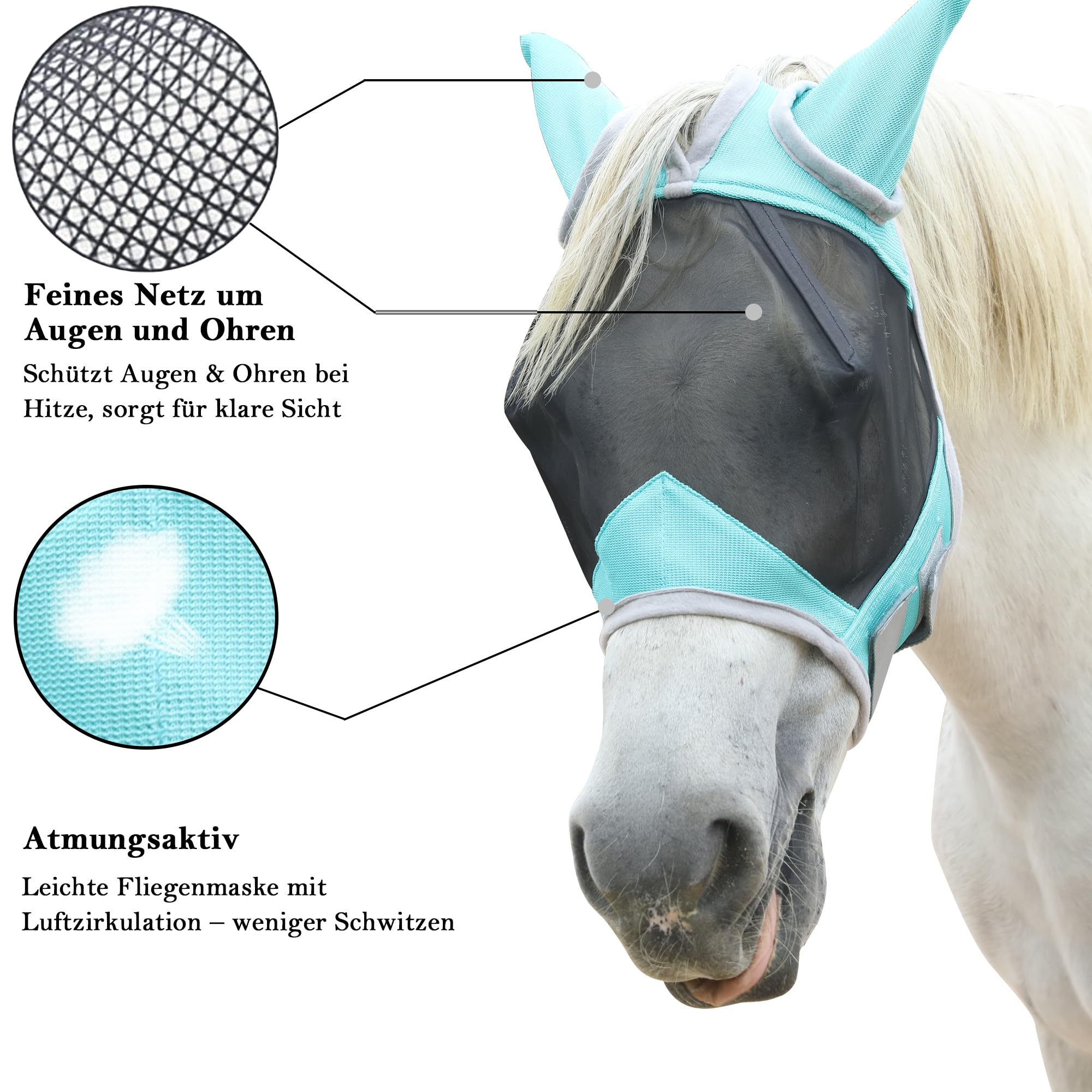 Fliegenmaske Pferd mit Ohren – leichtes Mesh, atmungsaktiv, UV-Schutz, weich gepolstert & bequem, verstellbar Hellgrün Pony