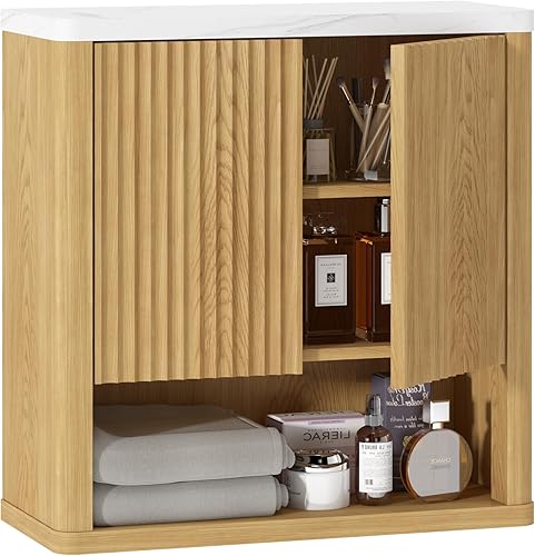 HOMEFORT Armario de pared de baño, botiquines sobre el inodoro con barra de toallas, estantes ajustables de 2 puertas, gran espacio para baño,