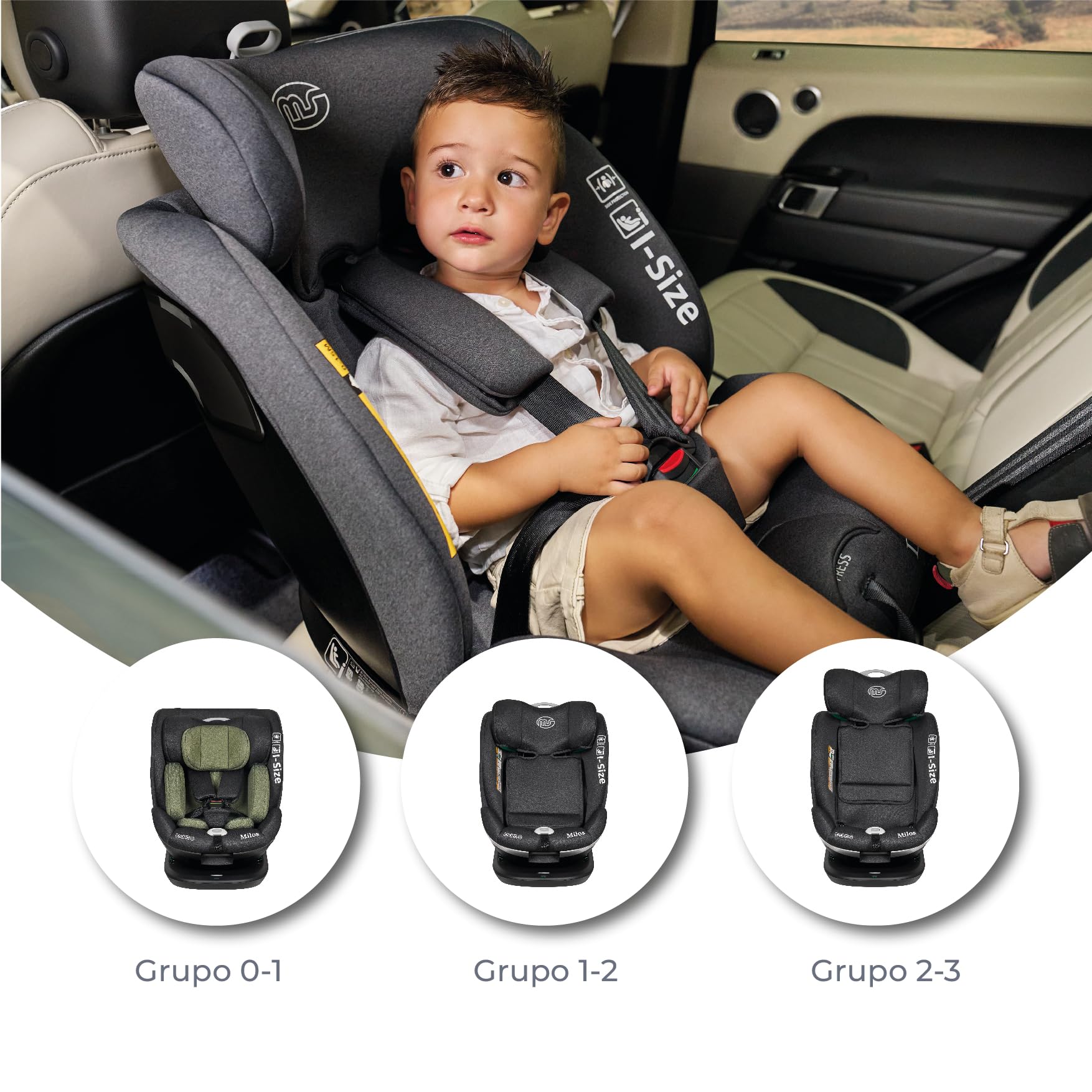 MS BabyWorld – MILOS – Silla de coche I-Size Grupo 0/1/2/3 | 40-150 cm | Isofix y Top Tether | Nacimiento a 12 años (0-36 kg) | A contramarcha hasta 18 kg | Giratoria 360º Universal