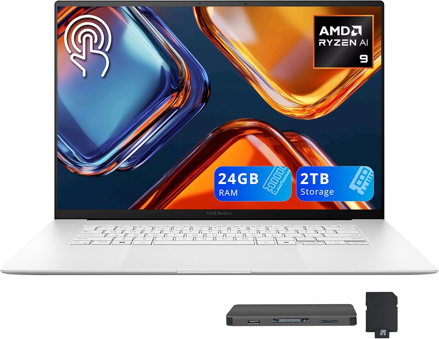 ASUS Zenbook S 16 16" 3K Touchscreen Laptop, AMD Ryzen AI 9 365, 24GB RAM, 2TB Storage (1TB SSD+1TB Docking Station Set), AMD Radeon 880M, Backlit Keyboard, FHD Camera, Wi-Fi 7, Win 11, White