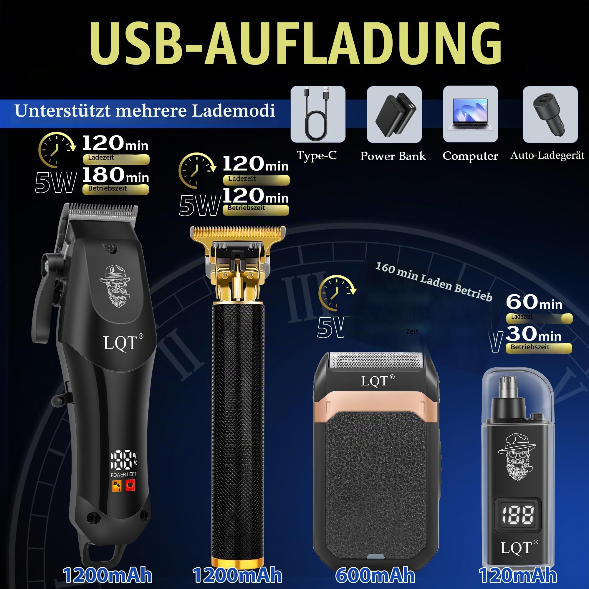 Haarschneidemaschine für Männer mit LED-Display, 4-teiliges schnurloses Pflegeset mit Haarschneidemaschine, Bartschneider, Folienrasierer & Nasentrimmer, Komplettset für den Heimbarber