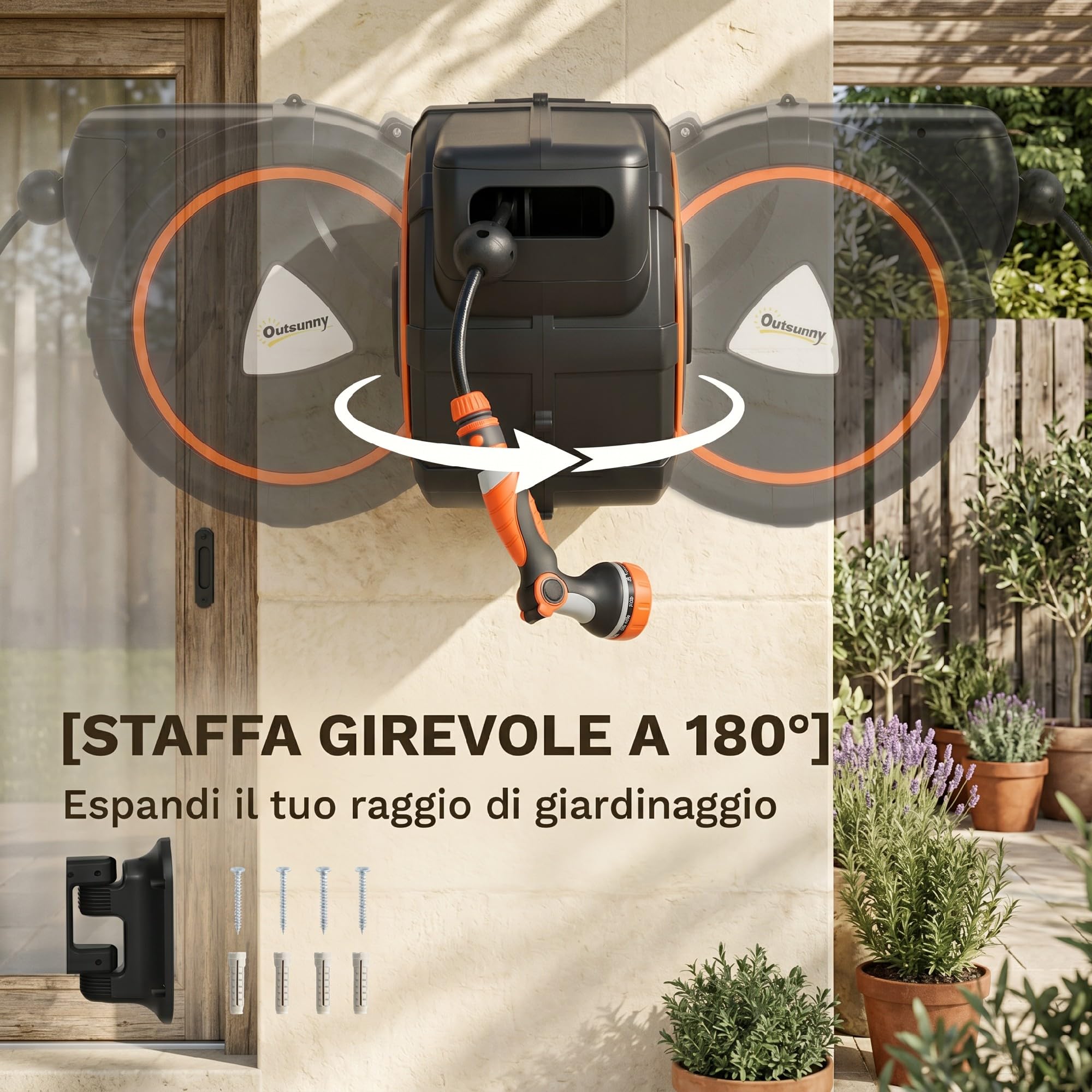 Outsunny Avvolgitubo da Giardino Retrattile con Tubo dell'Acqua 28+2 m, Avvolgitubo da Parete Girevole Automatico a 180° con Sistema di Bloccaggio e 12 Ugelli, Avvolgitore per Irrigazione, Arancione