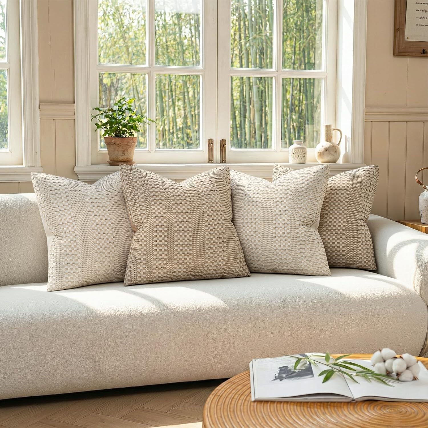 a moment 2 Pack Bamboo Fiber Pillow Covers - Waffle Weave, Ultra Soft & Breathable, Euro Shams Cotton Throw Pillow for Couch, Sofa, Bedroom Living Room 24x24 Inch Khaki