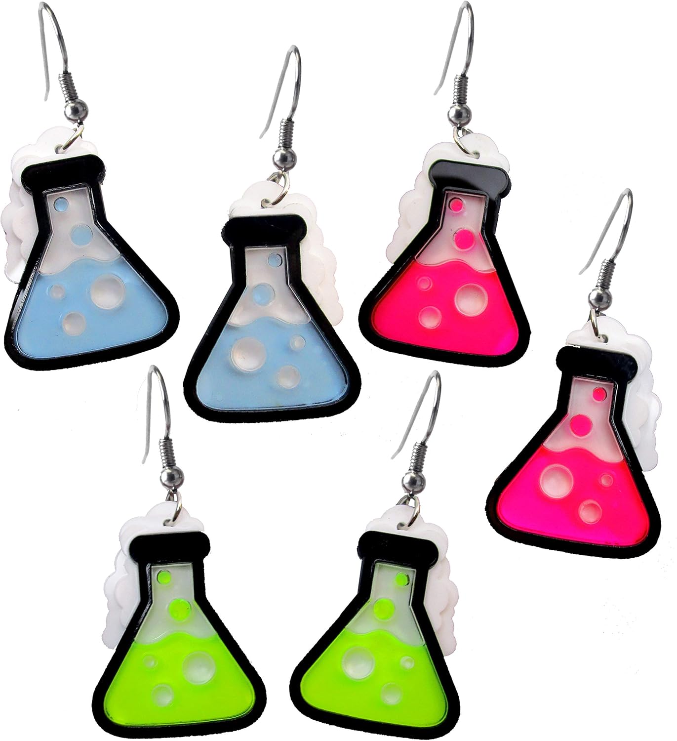 Neon Science Chemistry Beaker Flask Dangle Earrings - Choose Your Color - Pink, Green or Blue - Glows in Black Light Rave Earrings, Scientist Jewelry