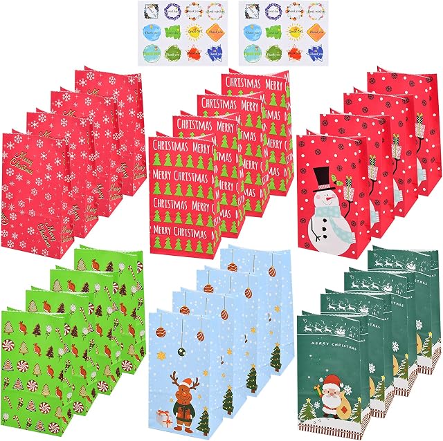AvoDovA 24 Pcs Christmas Paper Bags, Kraft Paper Candy Bags with Stickers, Sweet Gift Bags for Xmas, Treat Bags for Cookies, Flat Bottom Party Bags for Christmas Party, Medium