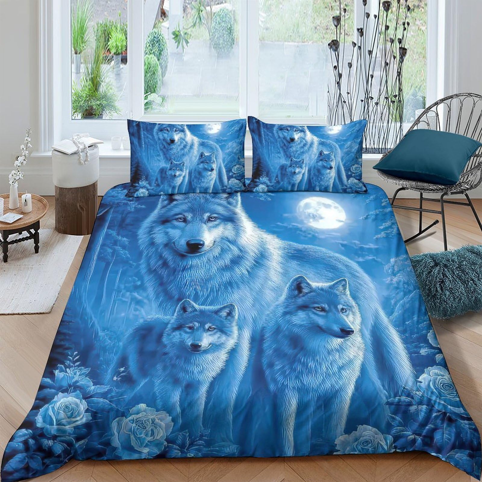 Ctjqhvkz Style-1 3D Printed Moonlight Wolf Fitted Sheet Microfiber Blue Forest Bed Cover Non-Slip Washable For Bedroom Guestroom Single（135X200cm）