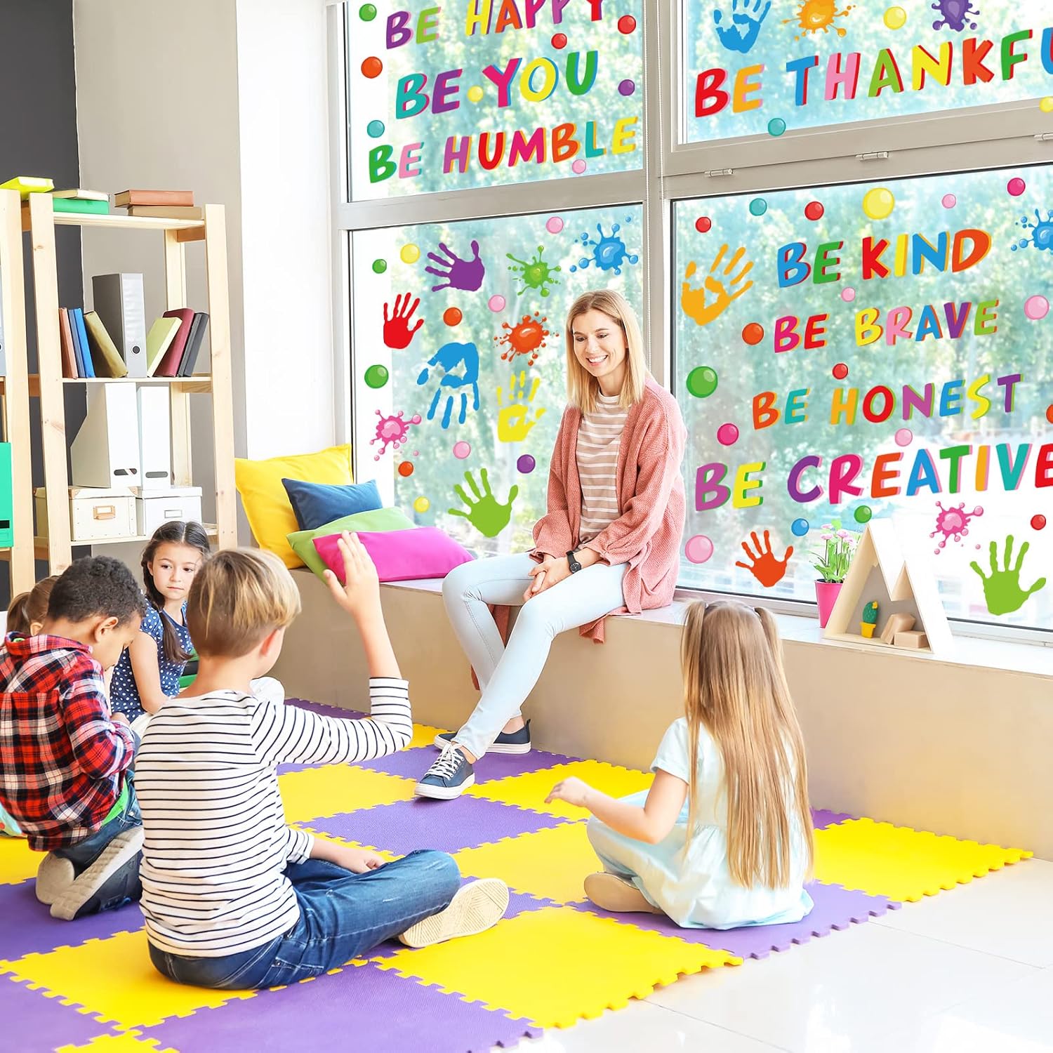 Whaline 9 Sheets Back to the School Inspirational Quotes Window Clings Stickers Colorful Handprint Positive Sayings for Home Bedroom Living Room School Classroom Nursery Playroom Decoration, 100Pcs