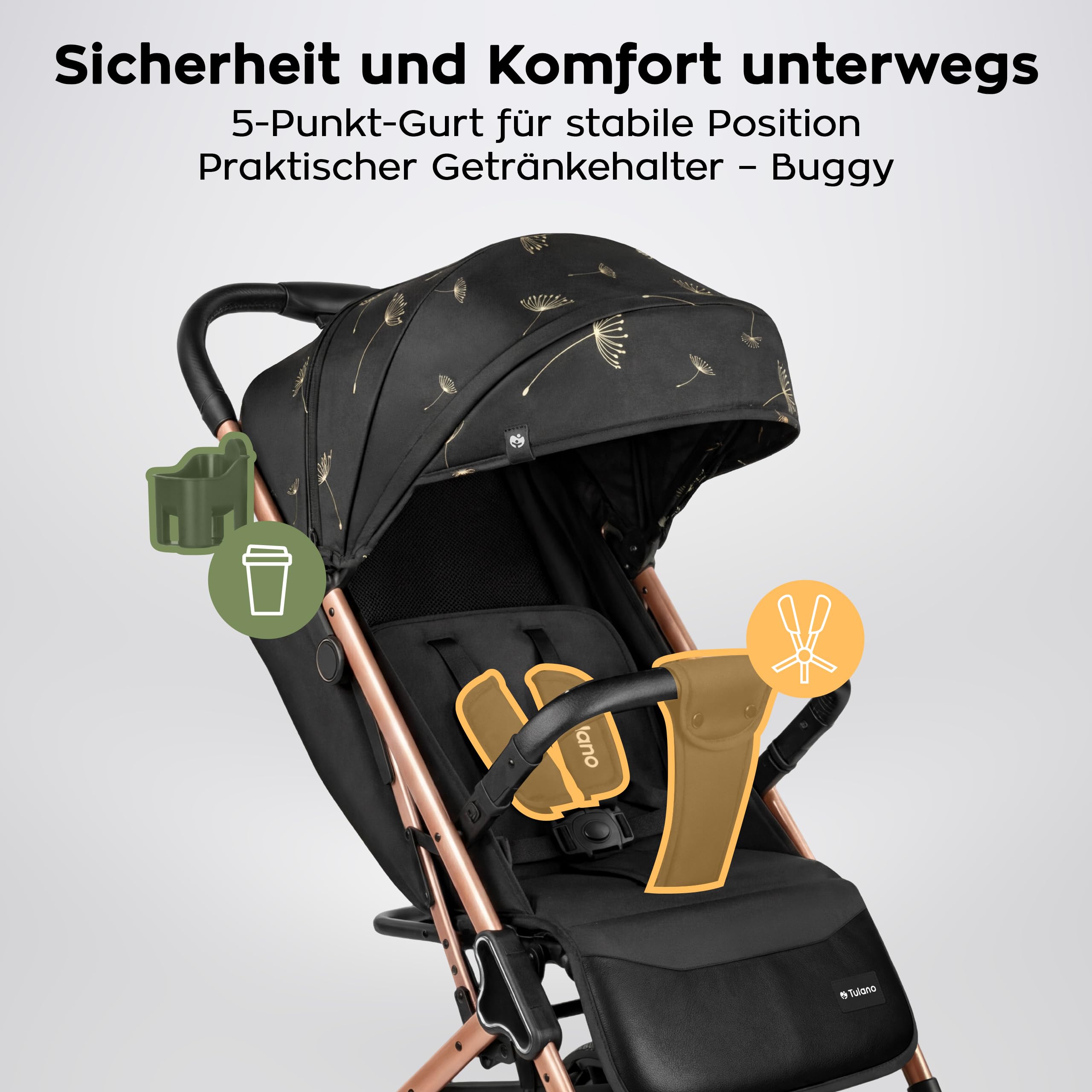 TULANO Lagos 35 Kinderwagen Buggy Klein Zusammenklappbar Reisebuggy mit Liegefunktion Trolley-Funktion Zubehör Flugzeug Handgepäck Baby Buggy bis 15 kg Beige/Geld