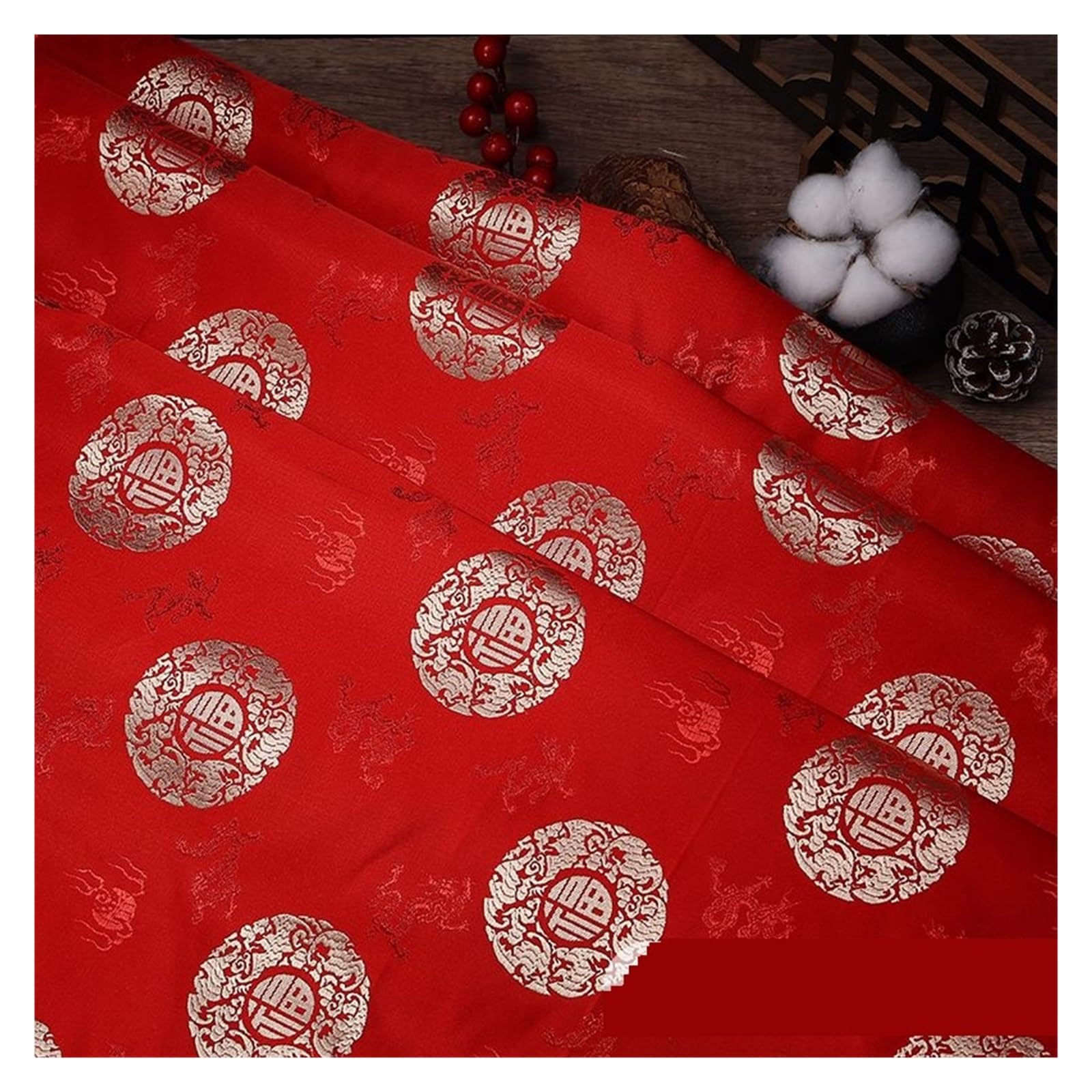 Tkanina żakardowa z brokatem poliestrowym | Wielokolorowy 100cmx150cm: Cheongsam, saszetka, szycie DIY(Red Base Futuan)