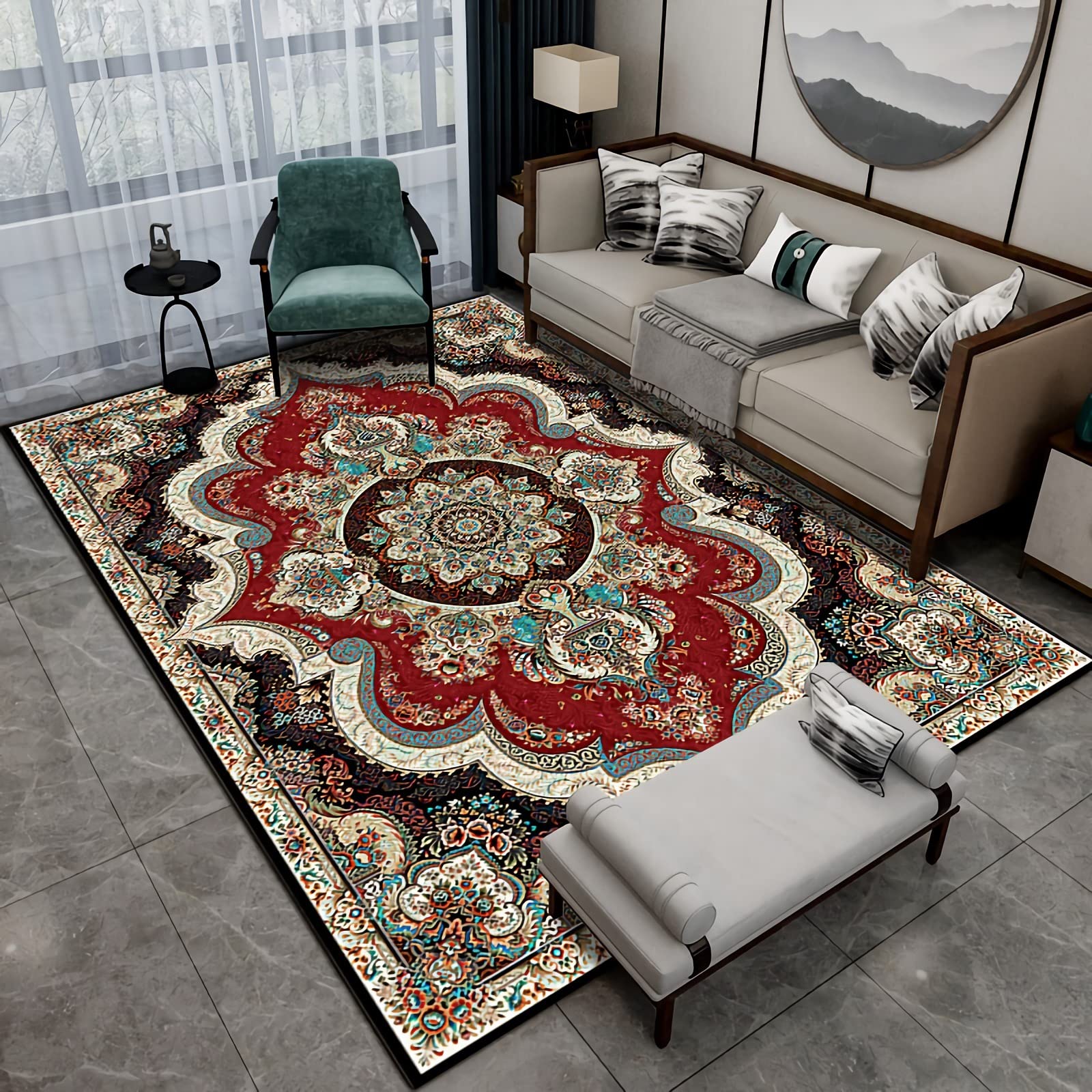Tapis Tapis Ados Decoration Cuisine Moderne Motif Floral géométrique de Style rétro européen Rouge Bleu Marron Tapis Chambre ado Garcon 60x90cm