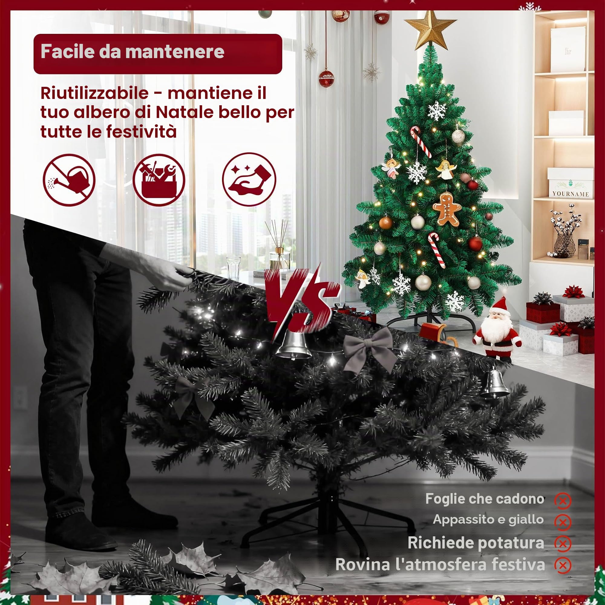 Froadp 210cm Albero di Natale Artificiale in PVC, Abete Artificiale con 820 Rami e 350 LEDs, Albero di Natale Rimovibile con Supporto in Metallo, Abete Ignifugo per la Decorazione di Natale