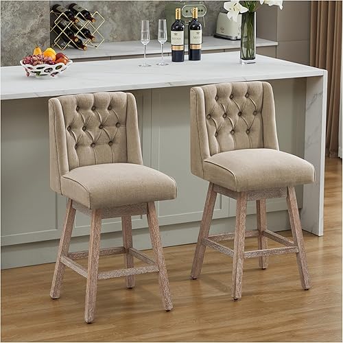 Miniatura 12 de Juego de 2 taburetes de bar de altura de mostrador, taburetes de bar giratorios de 360° con respaldo y patas de madera, taburetes de bar tapizados