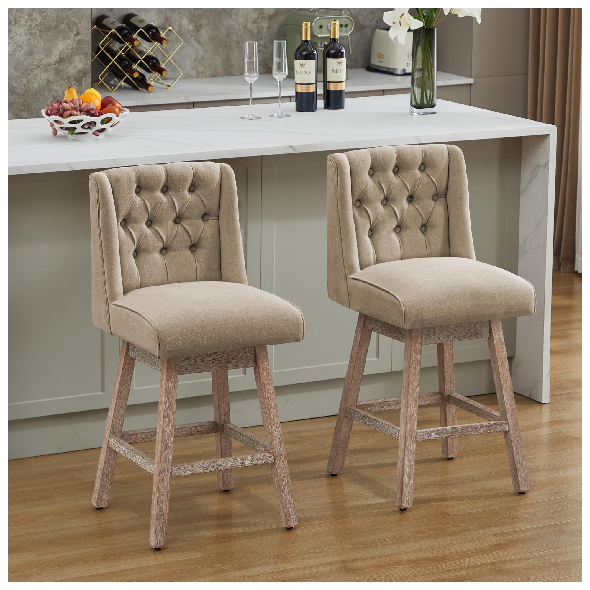 26" swivel bar stools set of 2, counter height barstools with back, linen fabric upholstered bar stools, modern barstools wood legs for kitchen island dining room bar
