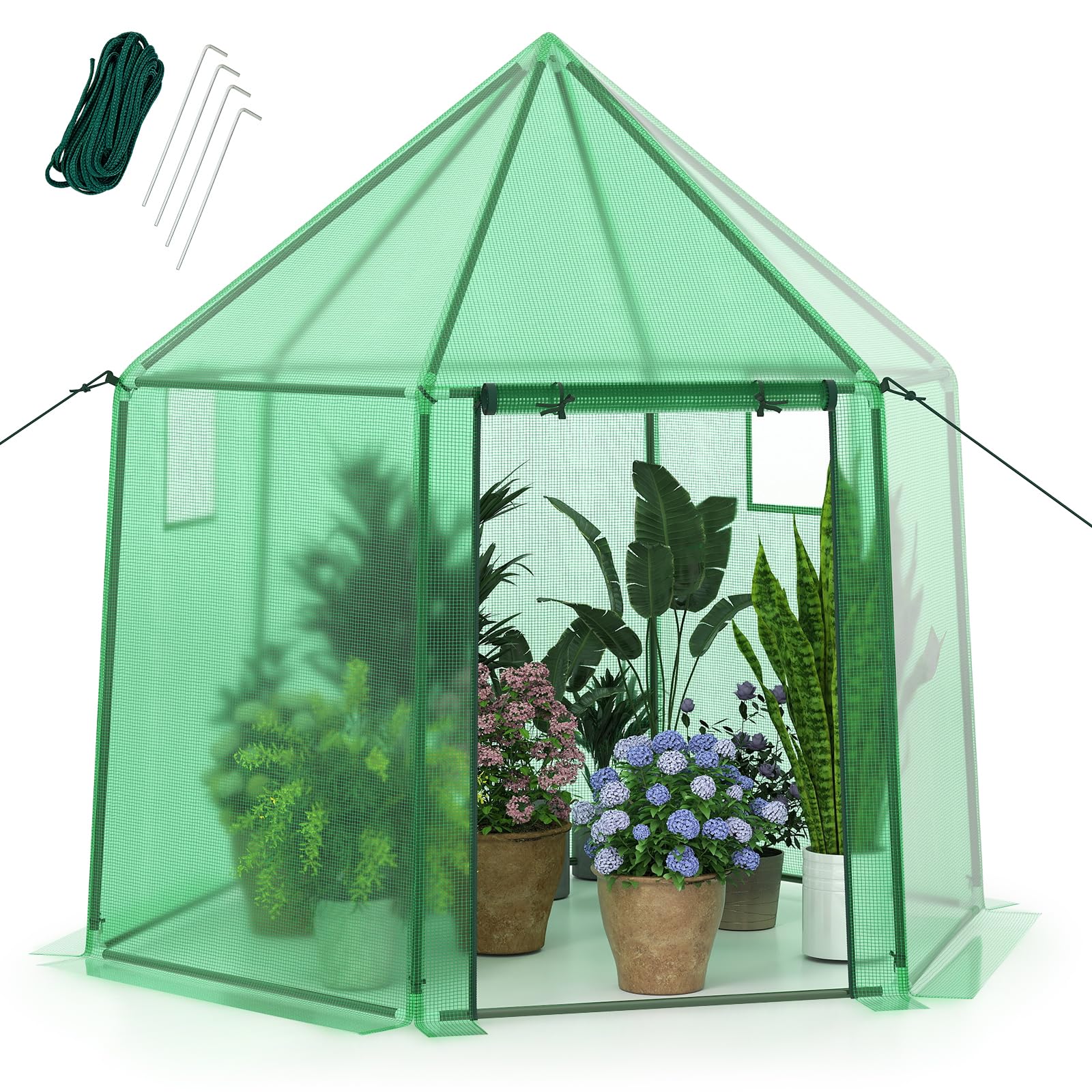 HOMASIS Serra da Balcone in PE, Serra da Giardino con Porta a Rullo, Finestra, 3 Corde e 4 Chiodi, Telaio, Casetta Invernale per Pomodori, Orto, Piante, 198 x 172 x 190 cm, Verde