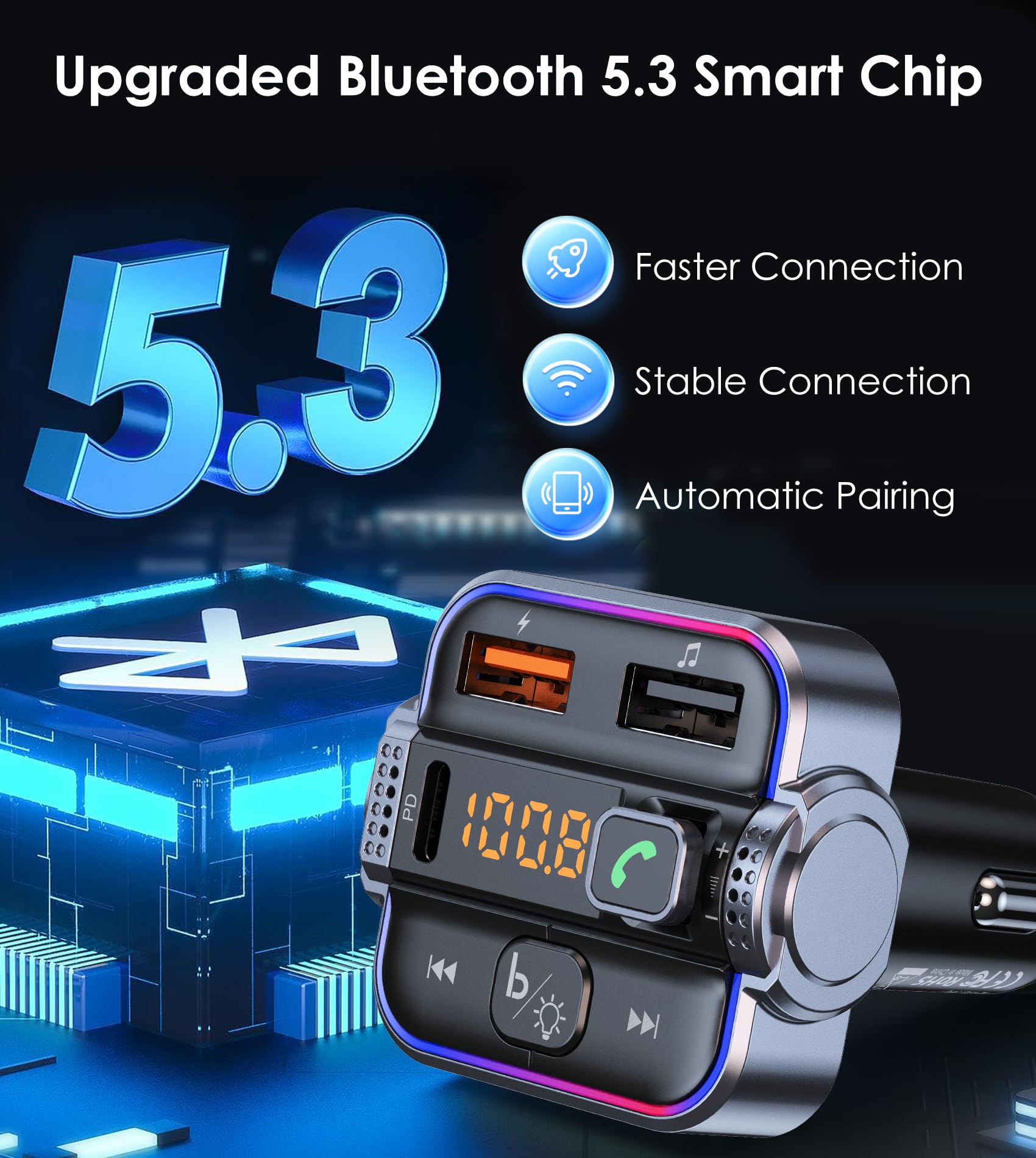 Tsnam Transmisor FM Bluetooth 5.3 para coche, receptor de radio inalámbrico con manos libres y micrófono dual, cargador rápido PD de 30 W y QC3.0