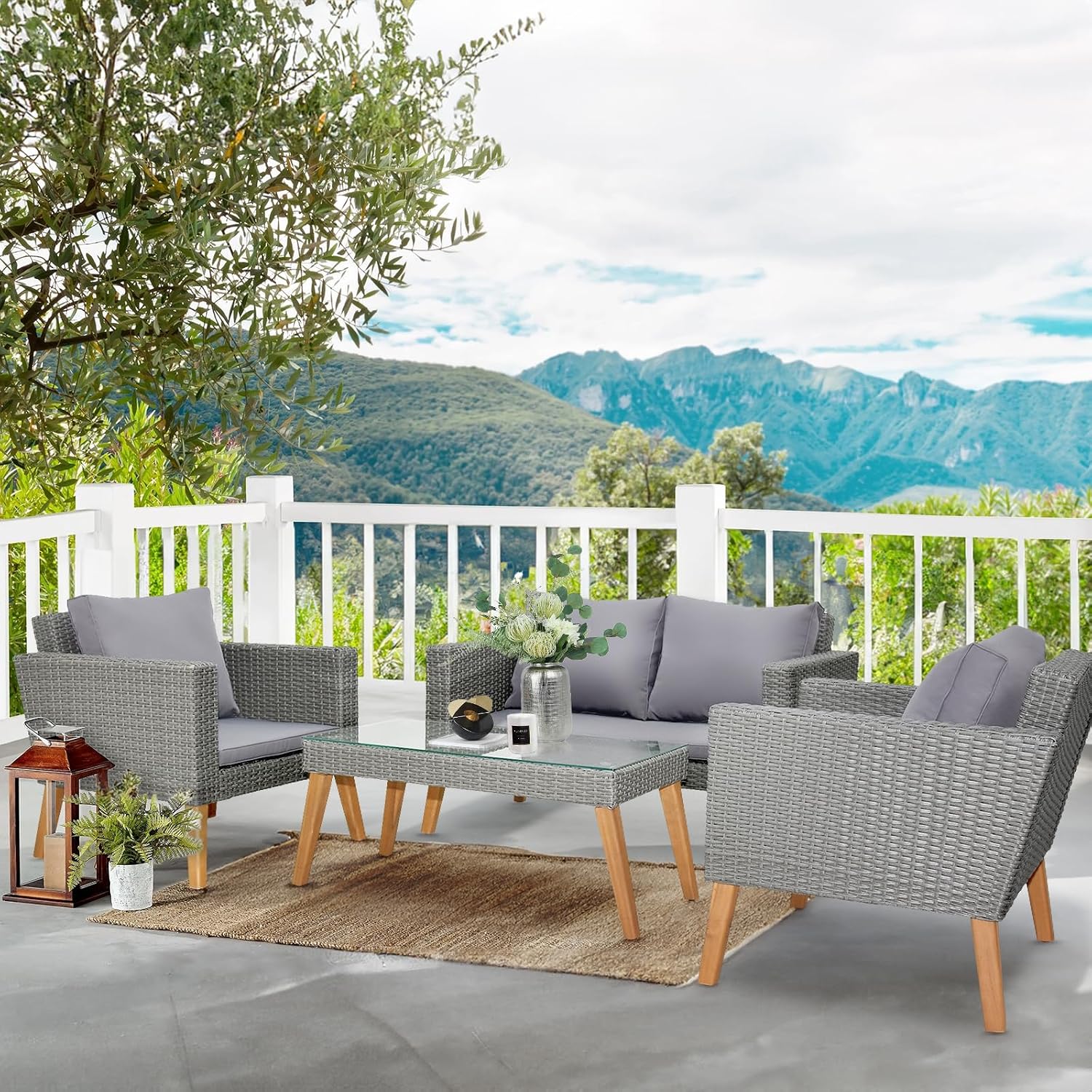 Outvita Patio Furniture 4pcs Outdoor Conversation Sofa Set with Acacia and Rattan Coffee Table, Loveseat and Single Chair for Backyard Garden Terrace Balcony