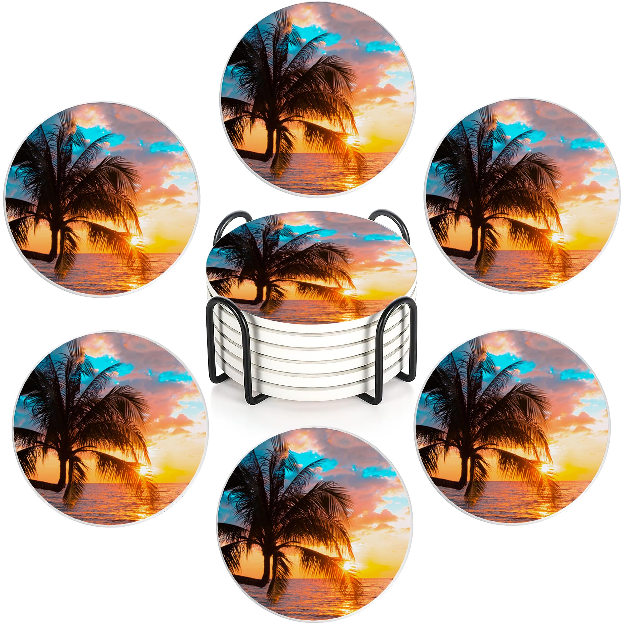 Palm Trees Sunset Sea Set of 6 Coasters Absorbent Ceramic Drink Mats with Cork Base & Metal Holder, Spill Protectors for Mugs/Cups, Cheerful Home/Bar Decor