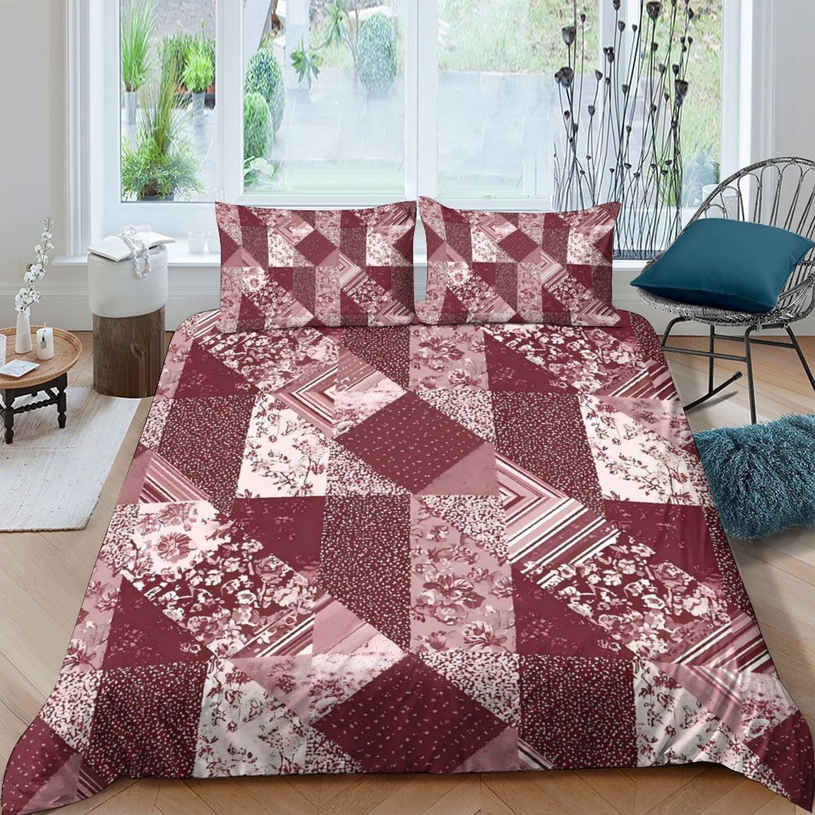 GPLZQXKJNH 3D Printed Geometric Patchwork Duvet Cover Set Microfiber Soft Breathable Red Quilt Cover with 2 Pillowcases for Bedroom Single（135x200cm）