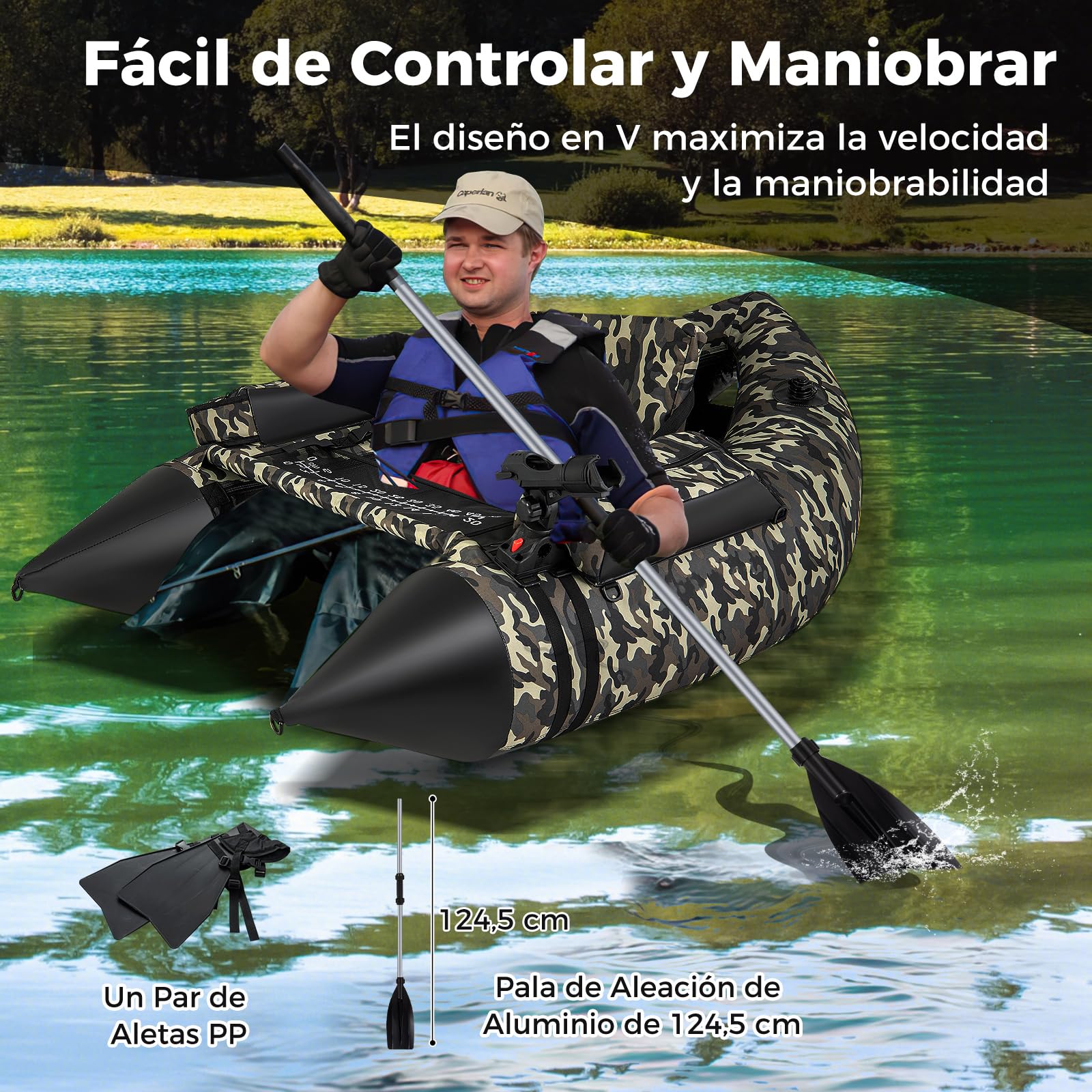 COSTWAY Barco de Pesca Inflable, Kayak Hinchable con 2 Aletas, Bomba Manual, Regla para Peces, Soporte para Caña, Bolsillos, Respaldo Ajustable y Correas, Bote Portátil para Adultos, Camuflaje