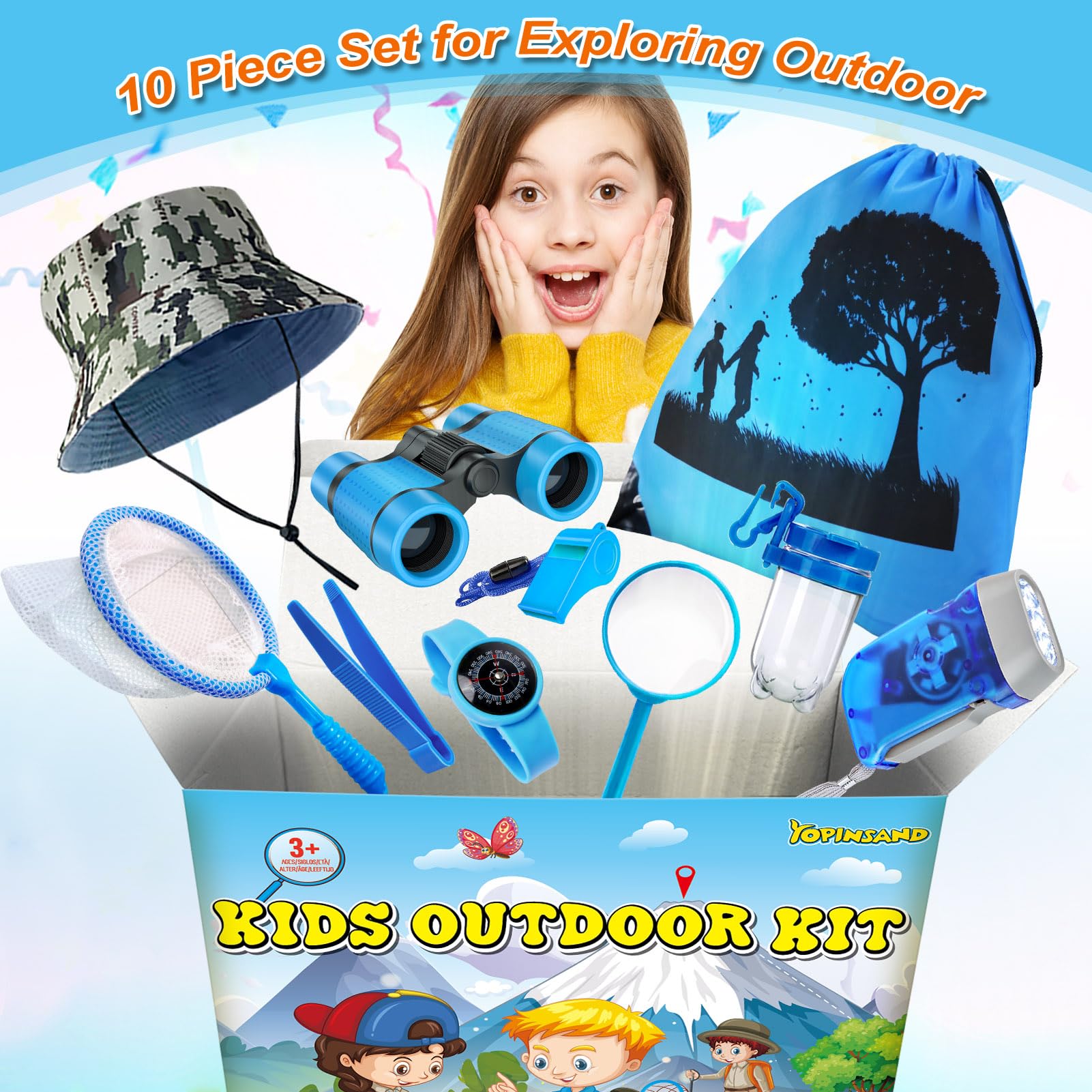 YOPINSAND Outdoor Exploration Kit, Camping Gear for Kids Children's Toy Explorer Kit with Backpack & Hat, Binoculars - Image 2