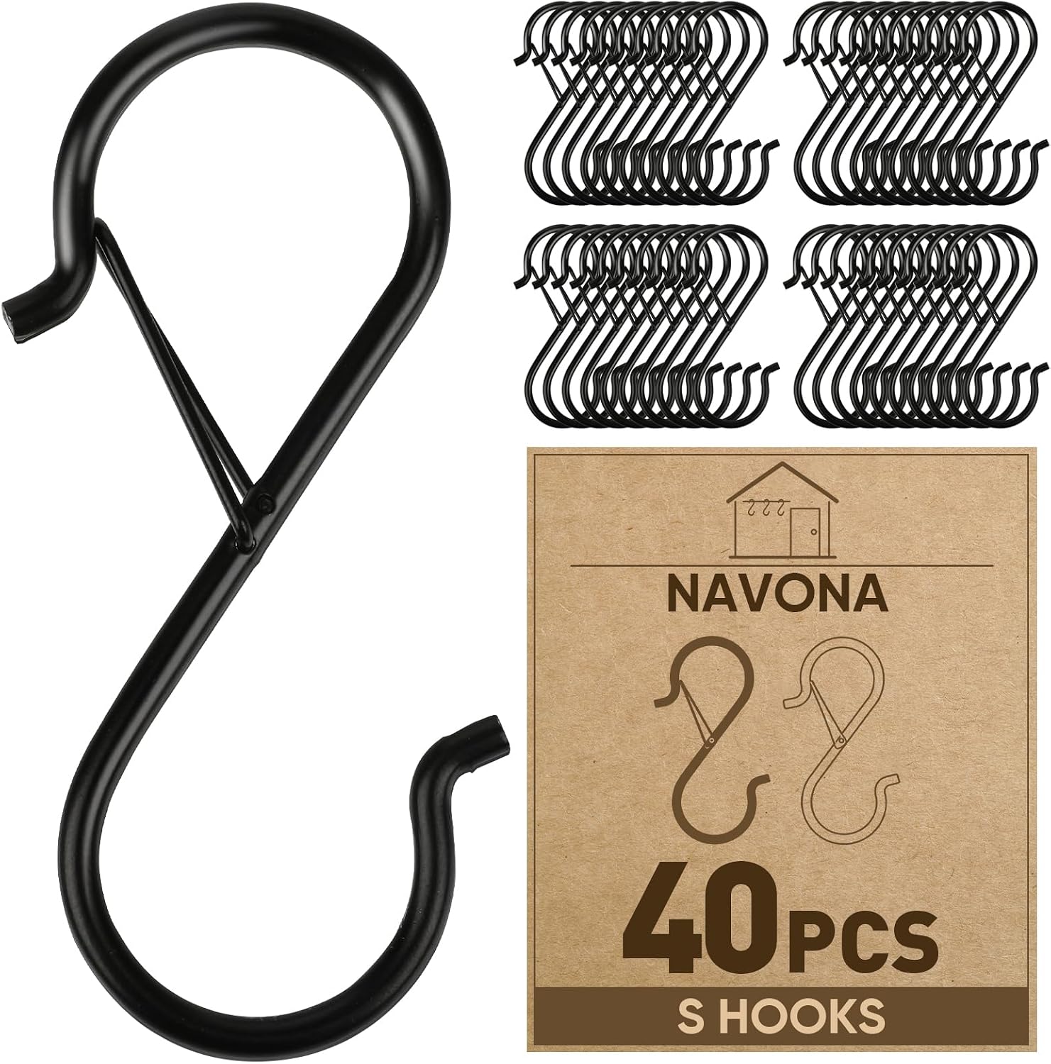 40 Pcs S Hooks for Hanging Heavy Duty, Metal S Hook with Safety Buckle | 3.5-inch S Hook for Hanging Plants, Suitable for 0.5 inch Rods, Purse Hooks, Perfect for Closet, Kitchen, Pot, Pan, Bags
