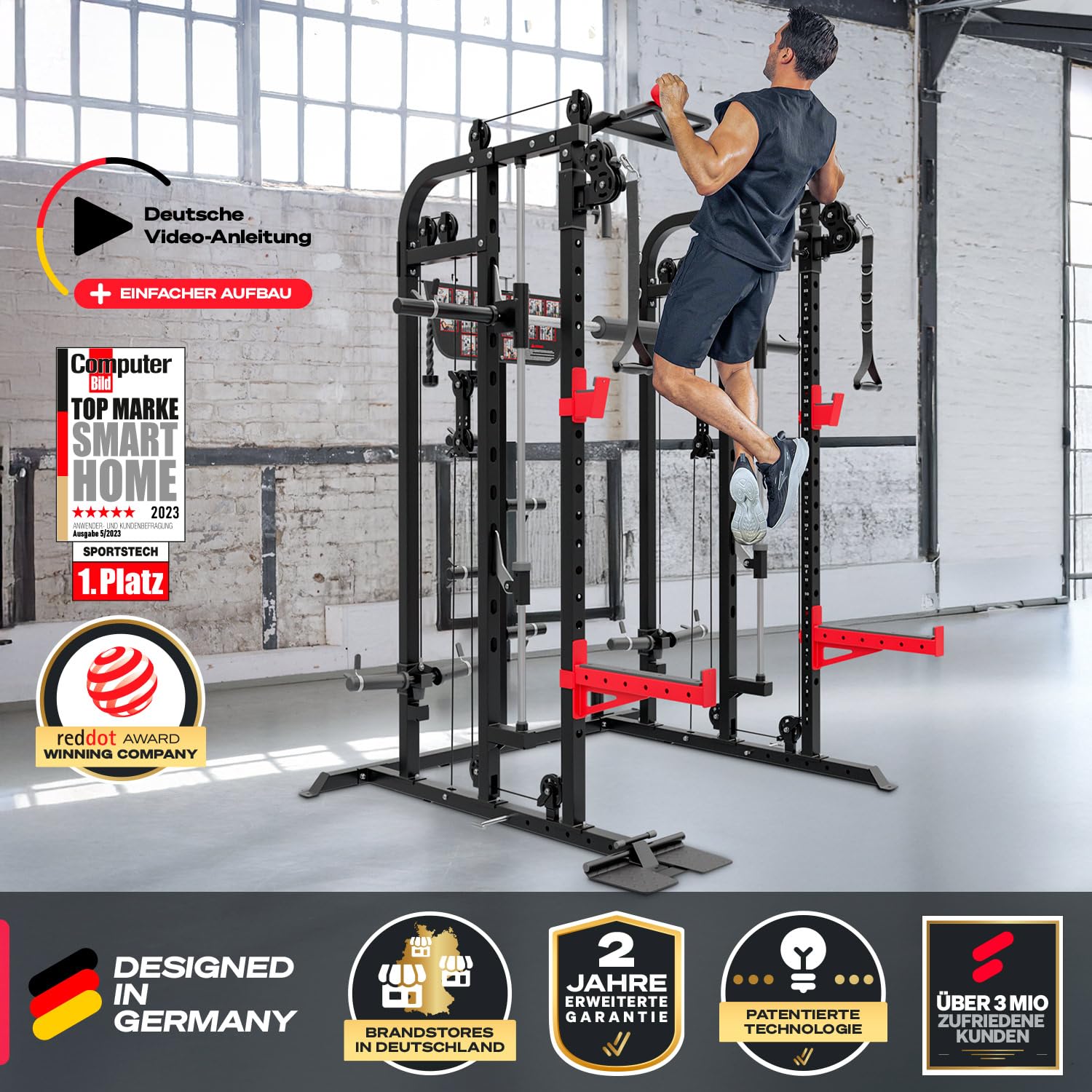 Sportstech SXM150 Smith Machine für Zuhause, Power Rack mit Kabelzug, Klimmzug, Langhantelstange, Bankdrücken, Multipresse, für Gewichtsscheiben, Kraftstation inkl. Griffe, Multifunktional, Home Gym