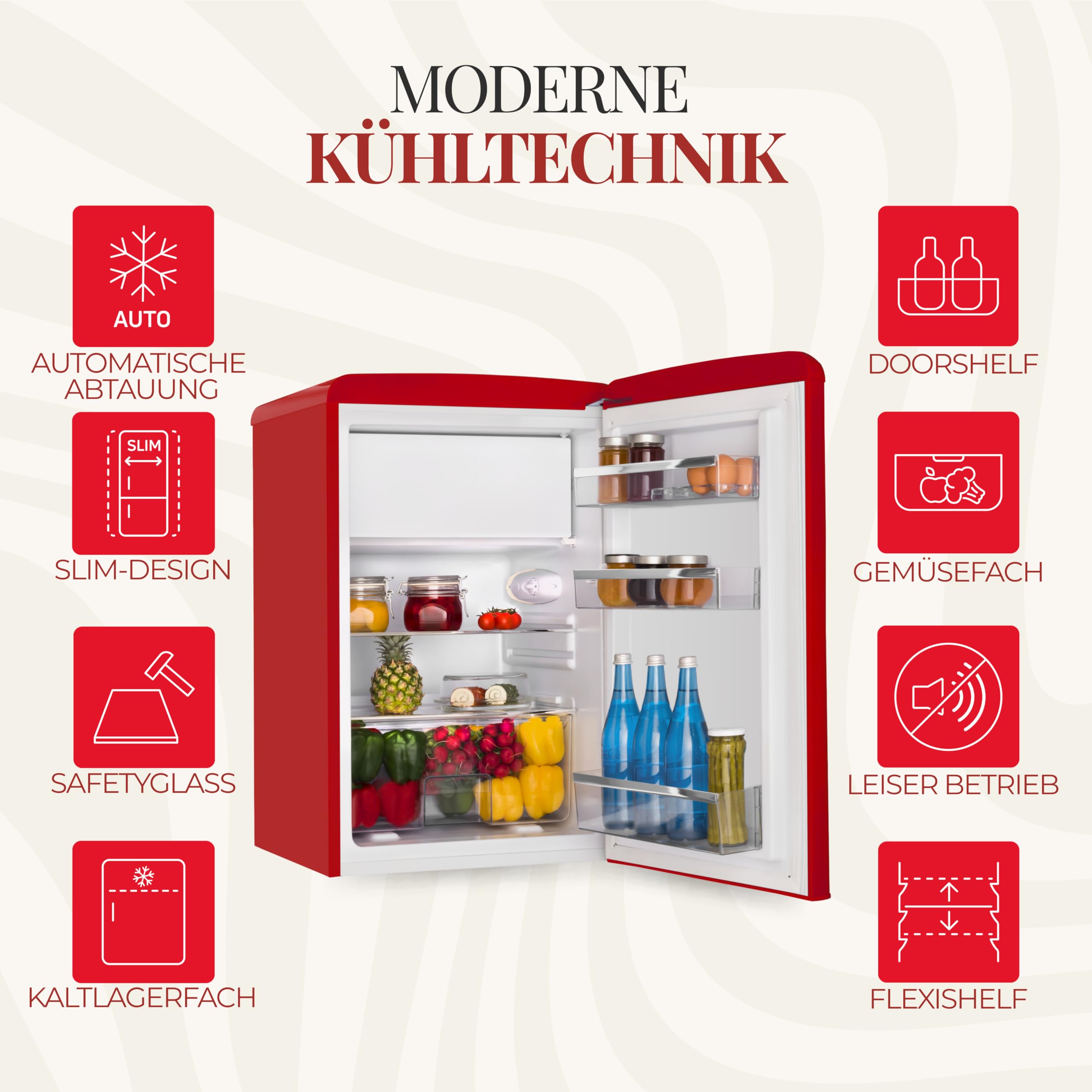 Amica KS 15610 R Retro Kühlschrank mit Gefrierfach / Chili Red (Rot) / 88cm (H) x 55cm (B) x 62cm (T) / Retro-Design