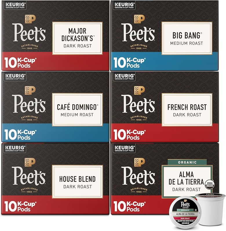 Peet's Coffee, paquete variado de cápsulas Keurig K-Cup, café 100 % arábica, mezcla Major Dickason's, Big Bang, tostado francés, Café Domingo, Alma De La Tierra orgánica, mezcla casera, 60 CT (6 cajas de 10 cápsulas)