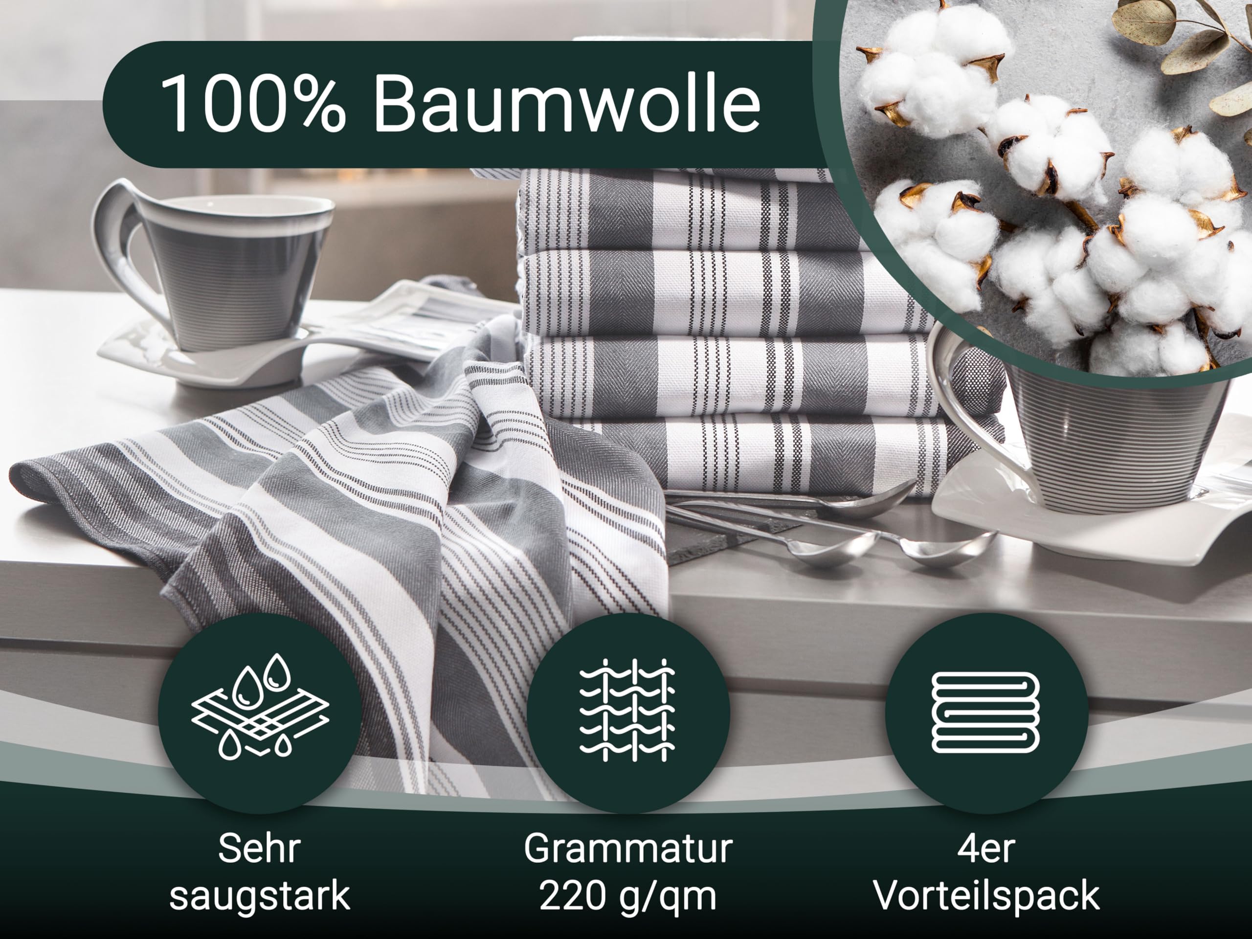 ZOLLNER 4er Set Geschirrtücher, ca. 50x70 cm, Baumwolle, grau gestreift Küche, Haushalt & Wohnen