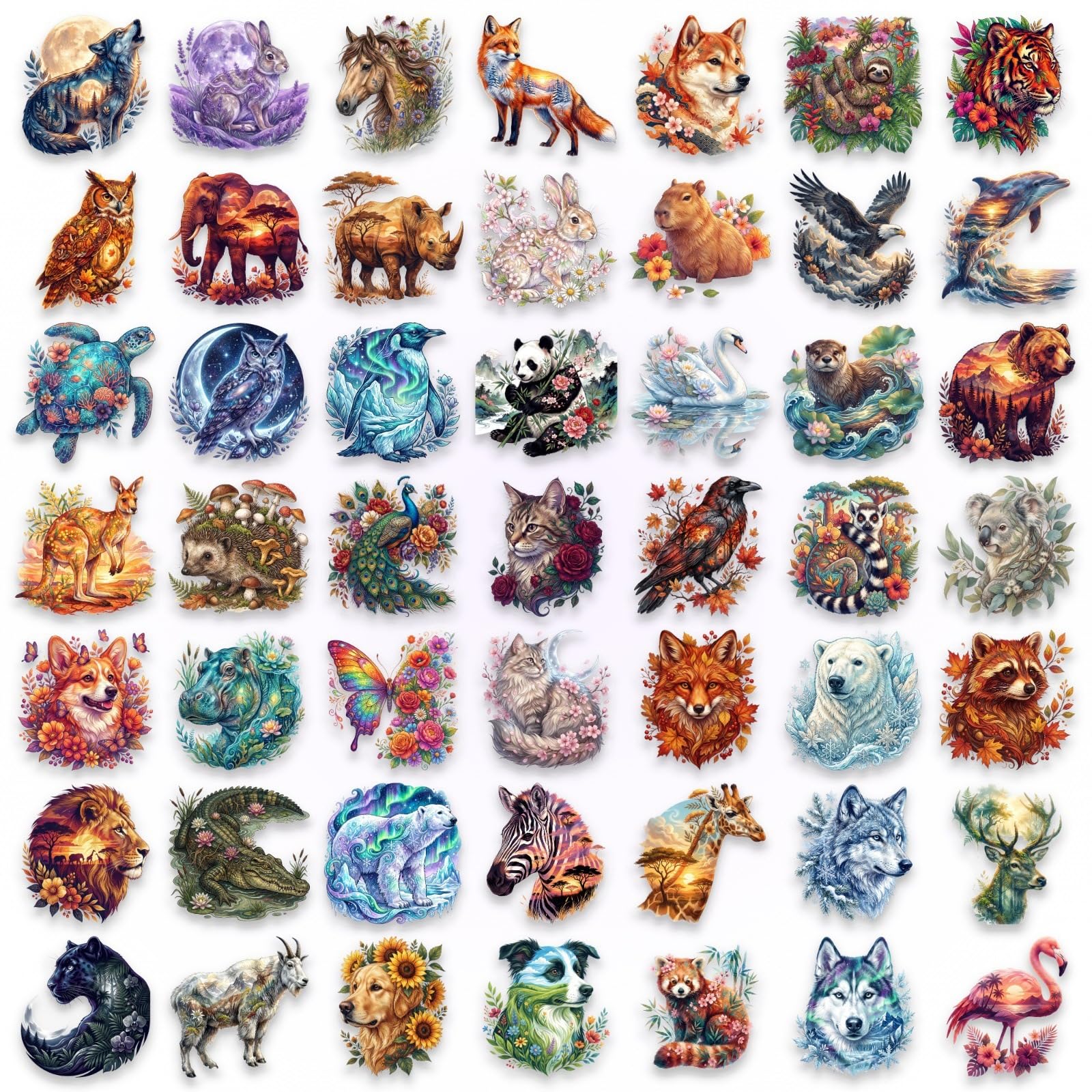 50pcs Transparent Animal Stickers, Watercolour Decals for Laptops, Water Bottles, Luggage, Journals, Scrapbooks, Notebooks, Helmets, Bumpers, Walls, Windows, Phones, Guitars, Skateboards, Bikes, Cases