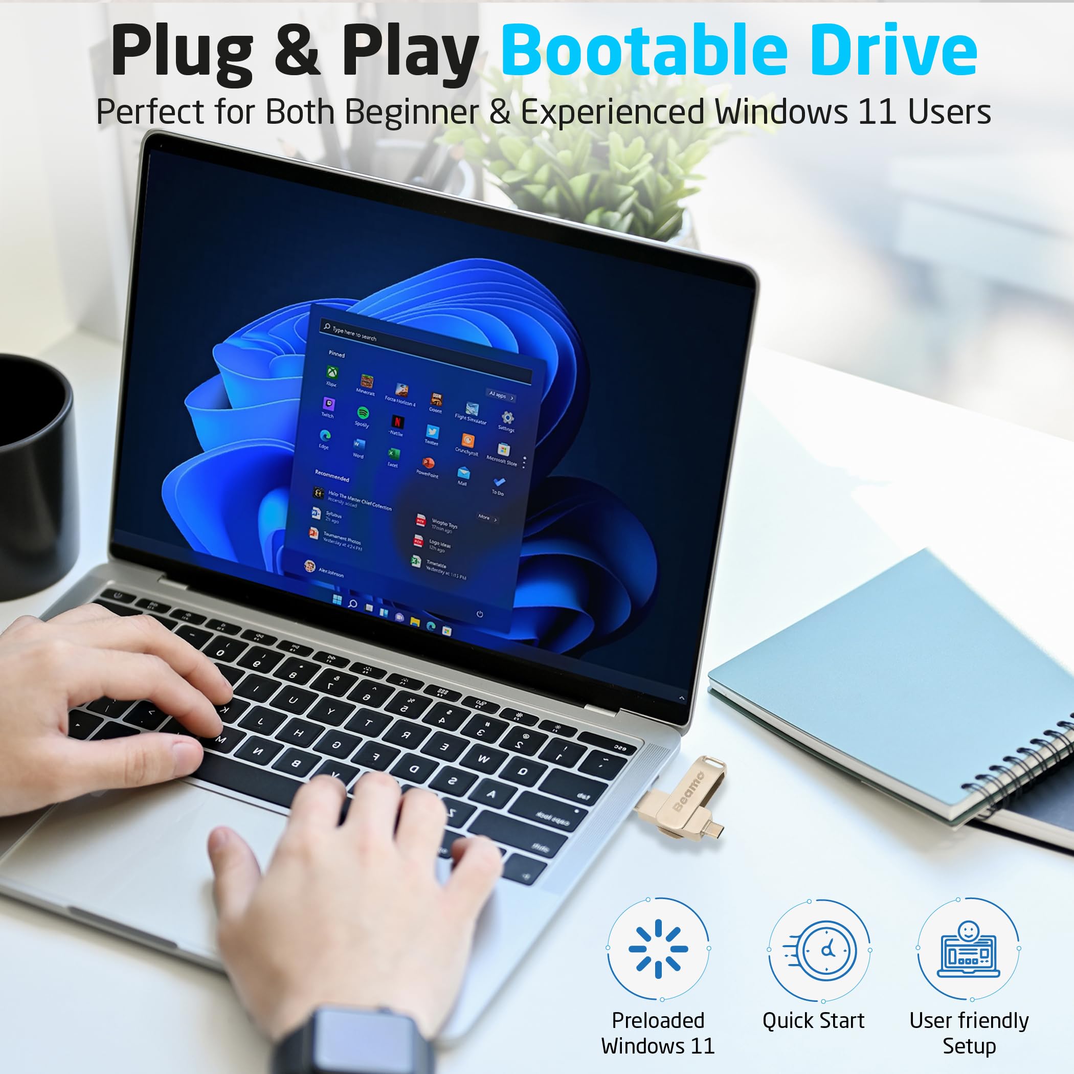 Beamo Unidad Flash USB de Arranque Windows 11, 16 GB, Unidad de instalación y reparación para Windows 11, Compatible con UEFI y Legacy Boot, sin Necesidad de TPM o Arranque Seguro, compatibilidad