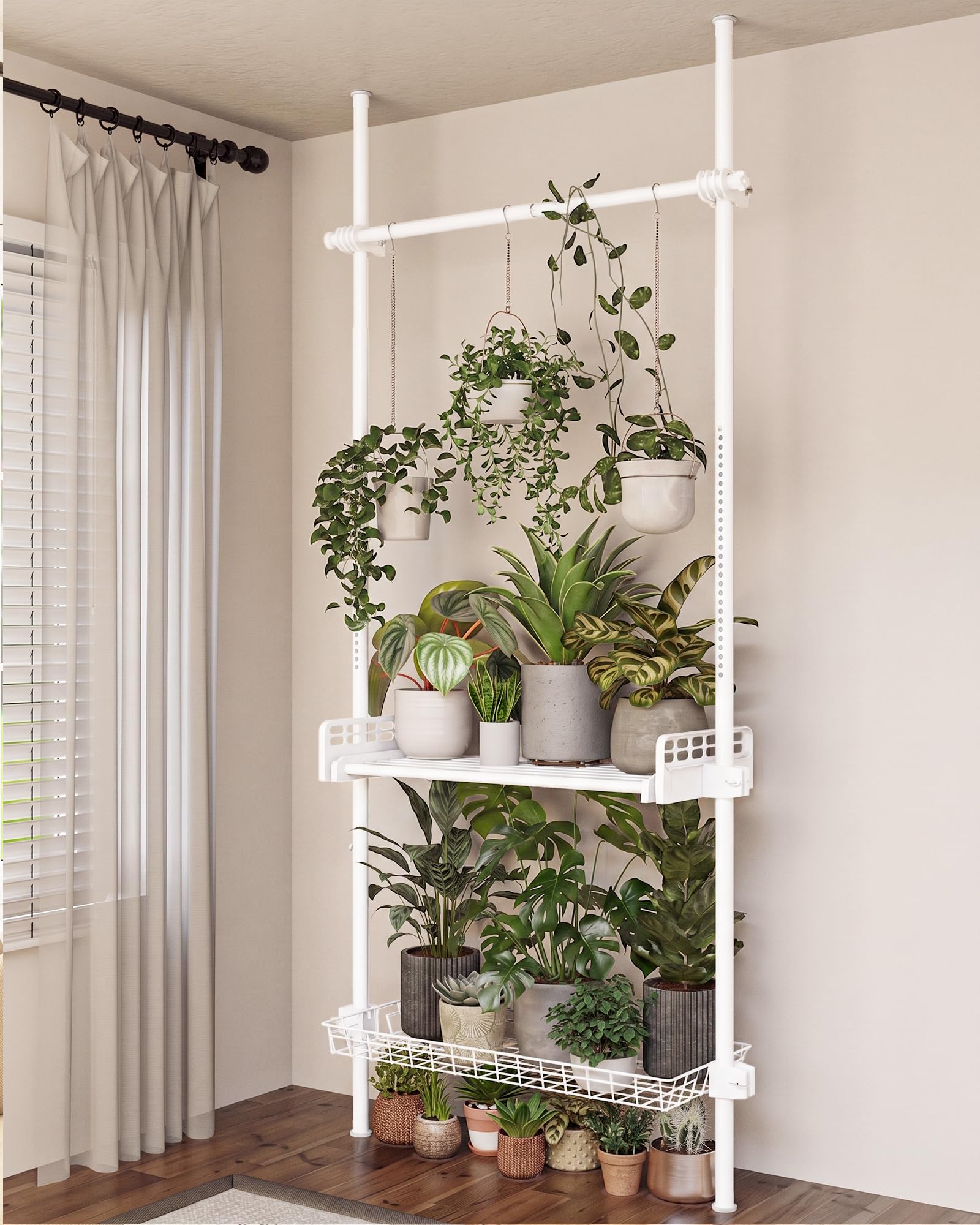 Bamworld Support Plantes Interieur Étagère Plante Télescopique 4 Niveaux Fer Antirouille 110-300 cm Blanc
