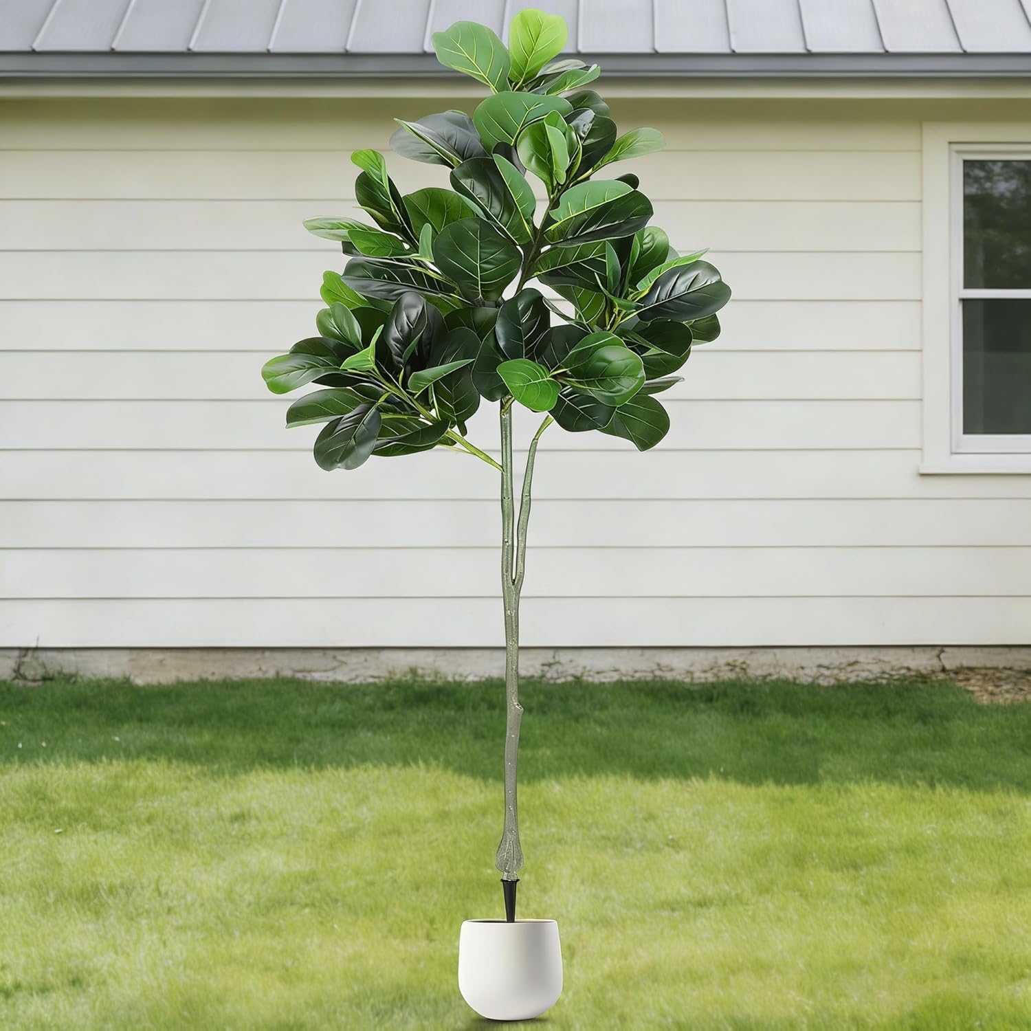 Thiccywoov 1 Pack Artificial Fiddle Leaf Fig Tree with Ground Spike, 6ft Tall Fake Plants Realistic Leaves Faux Tree for Indoor Outdoor Front Porch Garden(Without Vase)