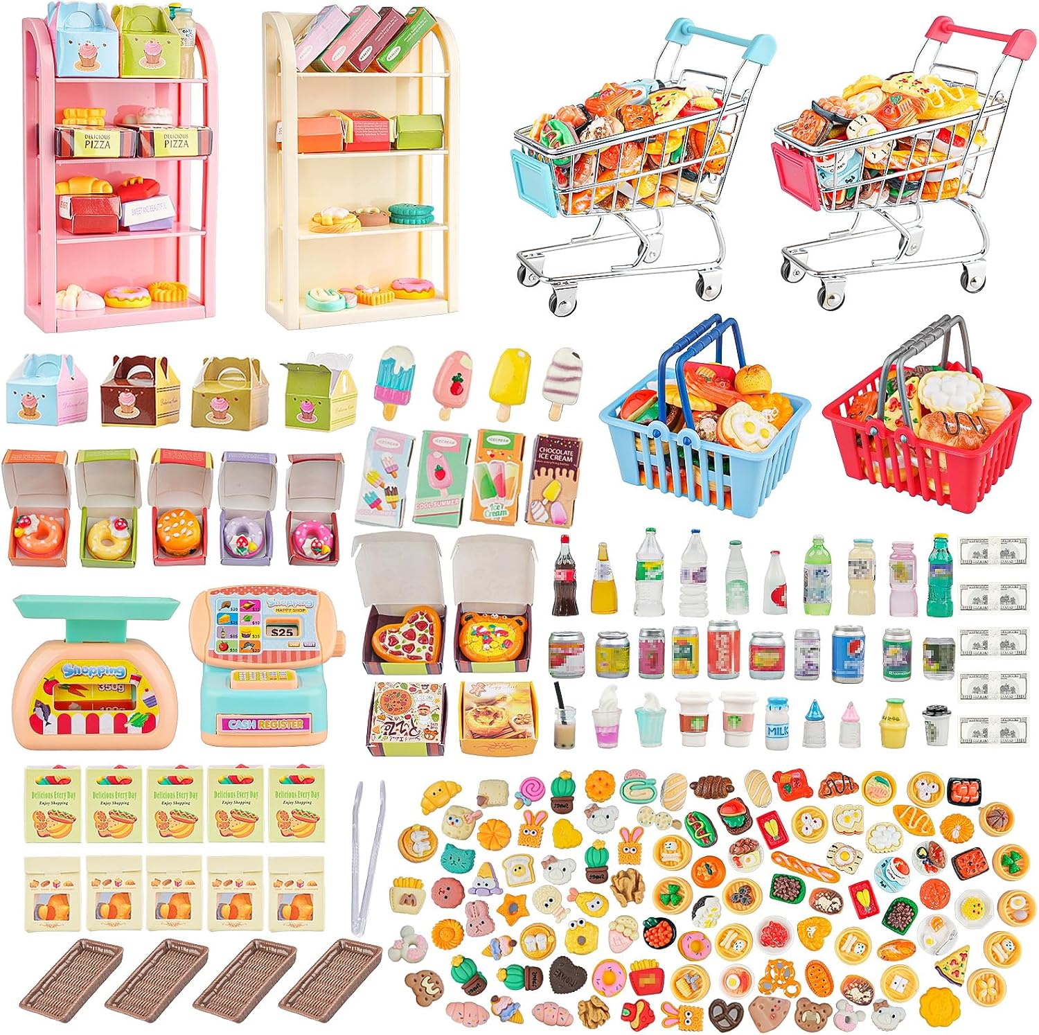 196Pcs Mini Shopping Cart Basket Trolley Grocery Game Model Miniature Drink Bottle Food Pizza with Box Supermarket Metal Handcart Toy Doll House Store Cosplay Pretend Kitchen Shelf Cash Register