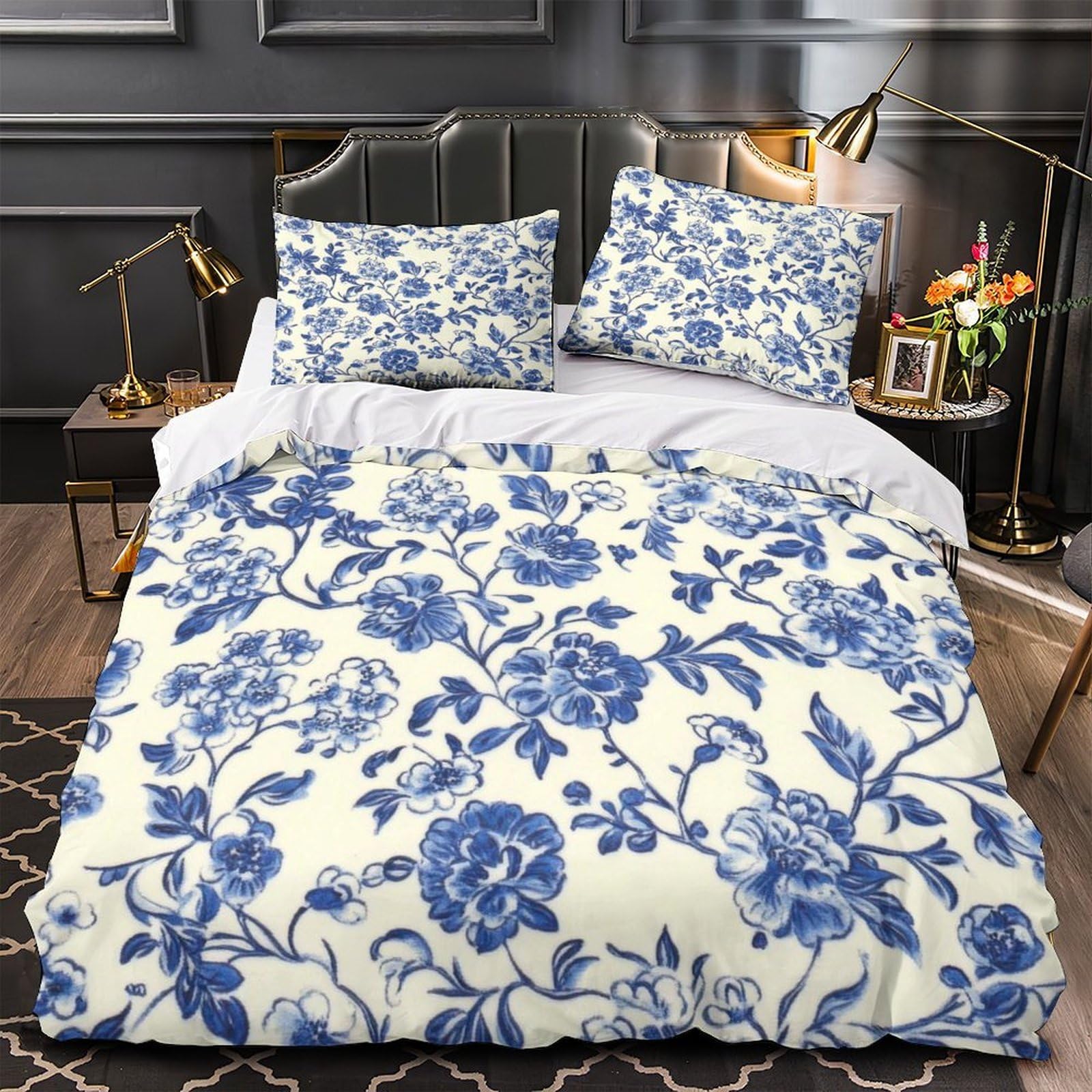 Housse de couette 135x200cm motif floral bleu en microfibre 3D premium au style rétro vintage