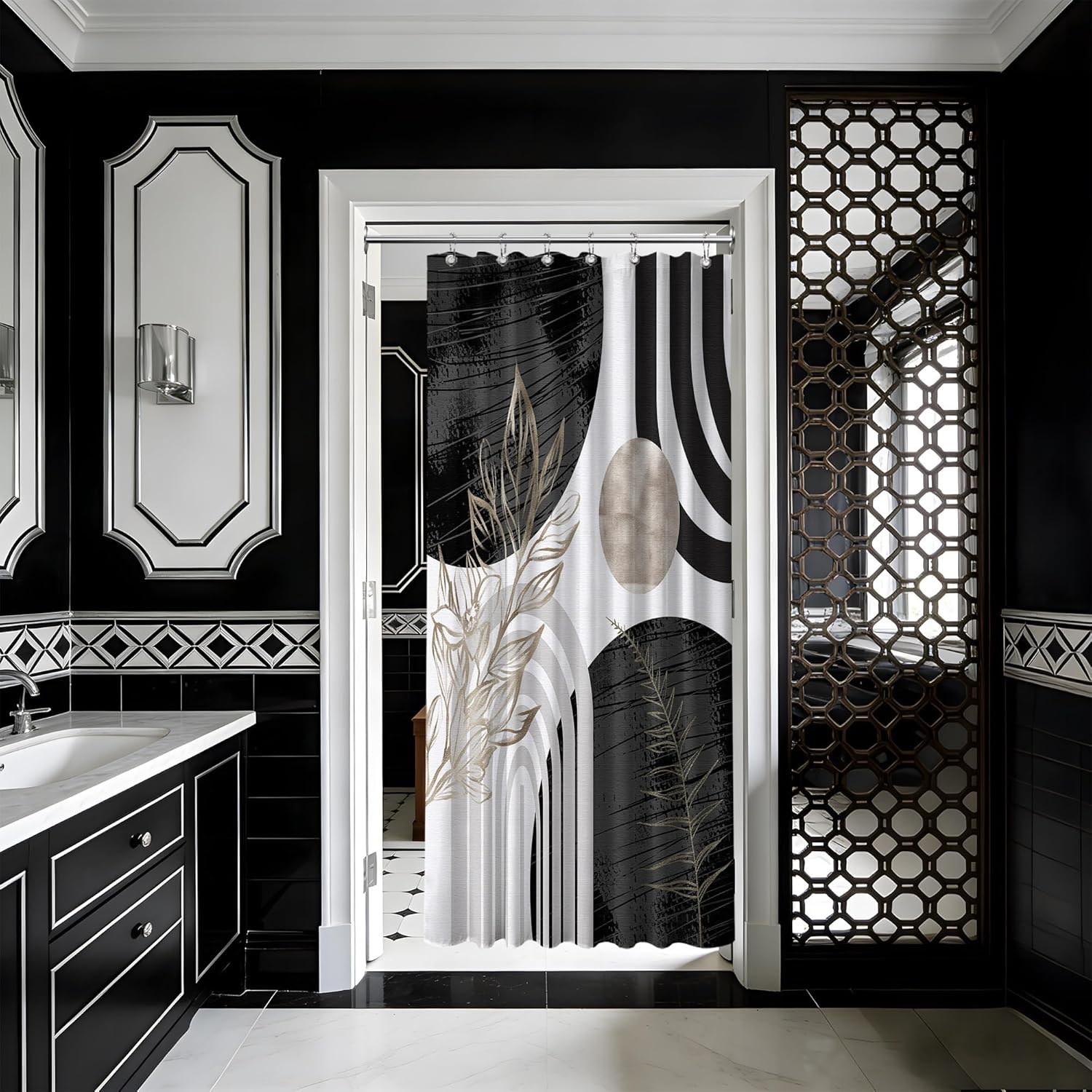 Mid Century Modern Black and White Shower Curtain Cool Charcoal Grey Silver Shower Curtains for Mens Bathroom Decor Sets, Abstract Boho Pattern, Waterproof Cloth Fabric with Hooks 70x84 in