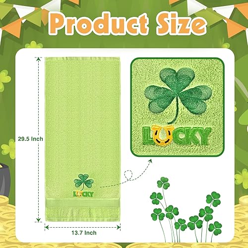 Miniatura 2 de Juego de 2 toallas de mano bordadas con patrón de trébol verde de la suerte, juego de toallas decorativas de 14 x 30 pulgadas, para baño, cocina,