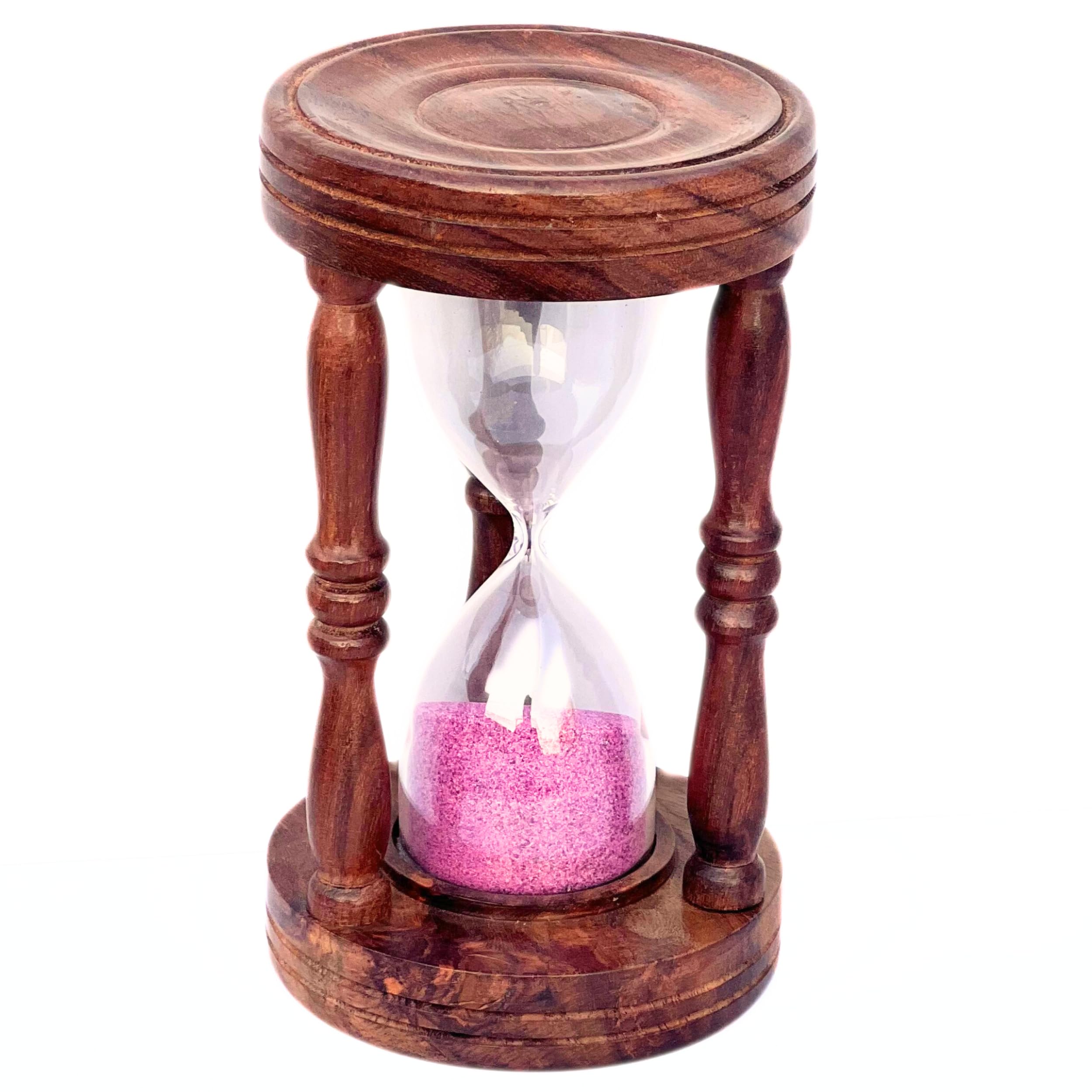 Handmade Wooden Hourglass with Pink Sand Vintage Sand Timer Antique Desk Decor, Meditation Timepiece & Unique Gift for Home, Office, Study