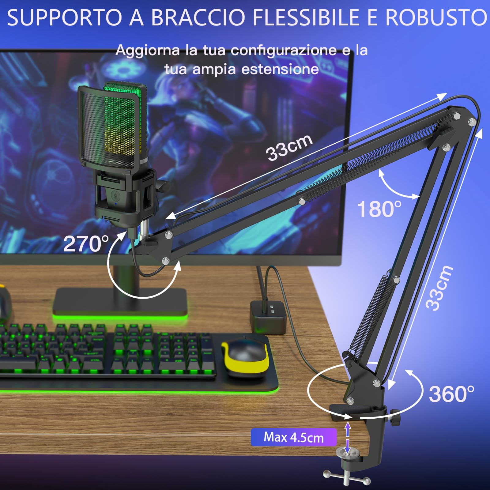 zealsound Set di microfoni USB, RGB microfono condensatore, RGB Gaming, microfono per PC, supporto a braccio incluso, cardioide, mute, YouTube/Zoom, live streaming, online, Android/Windows/macOS/PS
