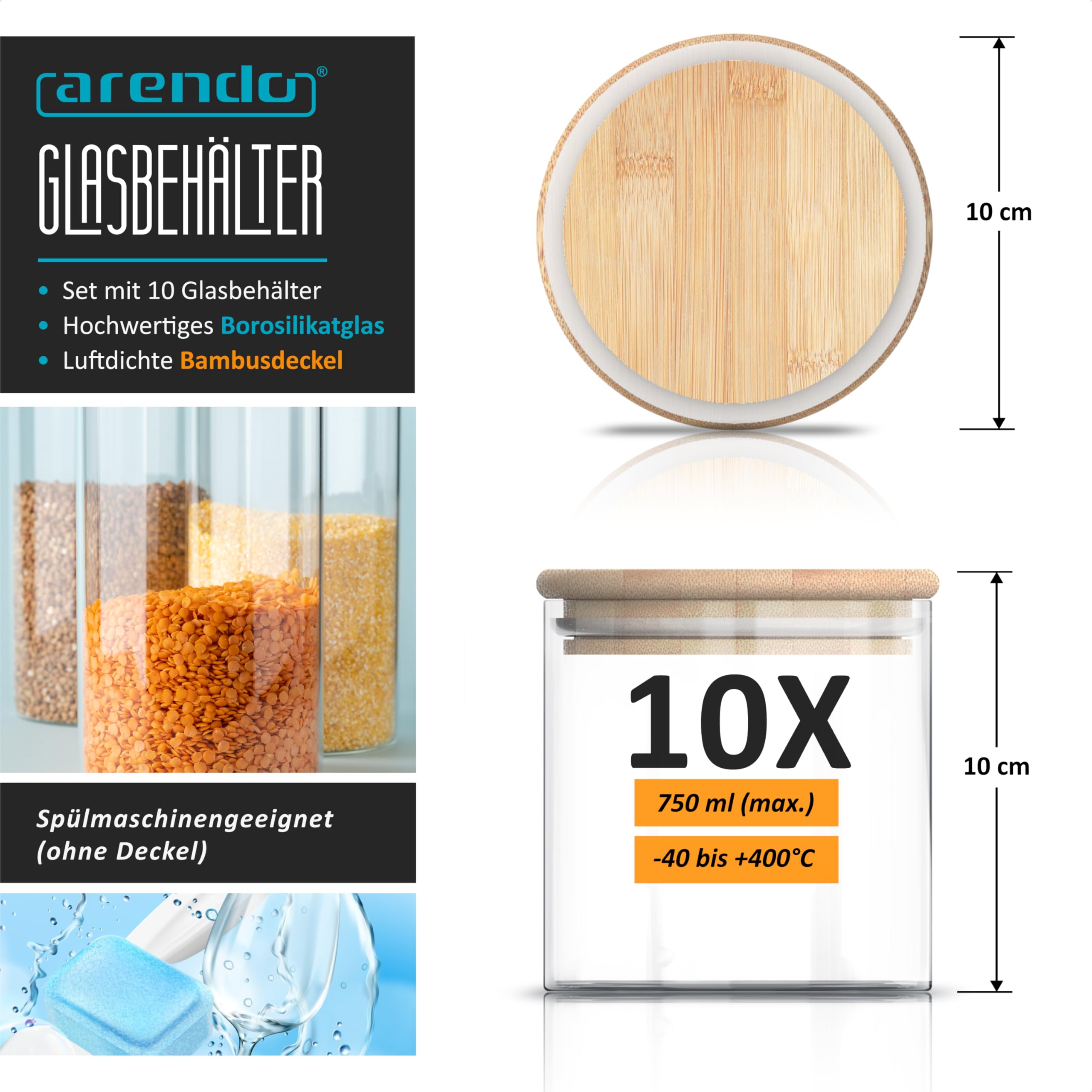 Arendo - Vorratsgläser mit Deckel - 10er Set - Behälter aus Glas – hitzebeständig – Vorratsdosen mit Bambusdeckel - luftdicht - für Müsli Zucker Mehl Kaffee Reis