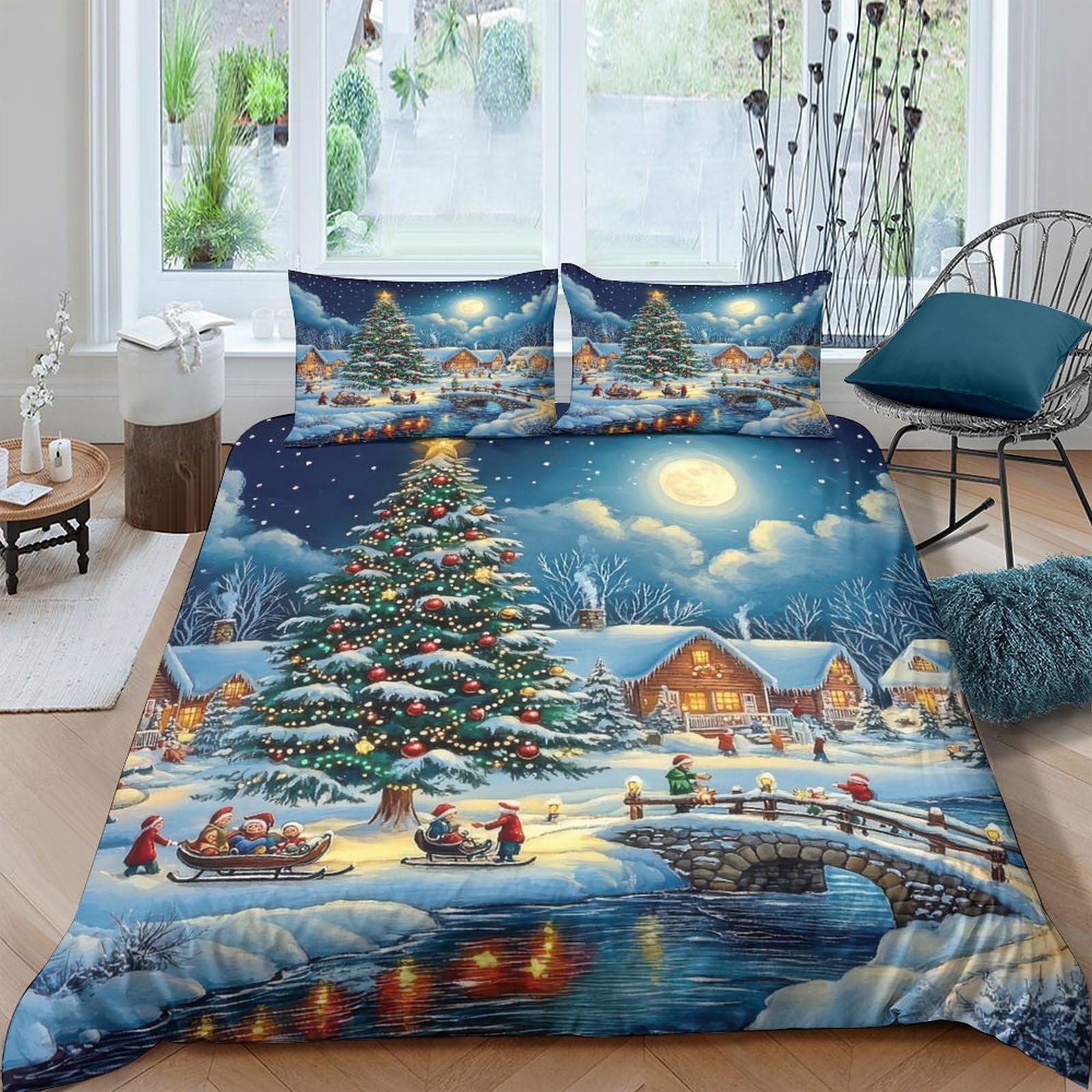 Ctjqhvkz Style-2 3D Printed Christmas Tree Fitted Sheet Microfiber Winter Village Bed Cover For Bedroom Guestroom Mattress Decor Single（135X200cm）