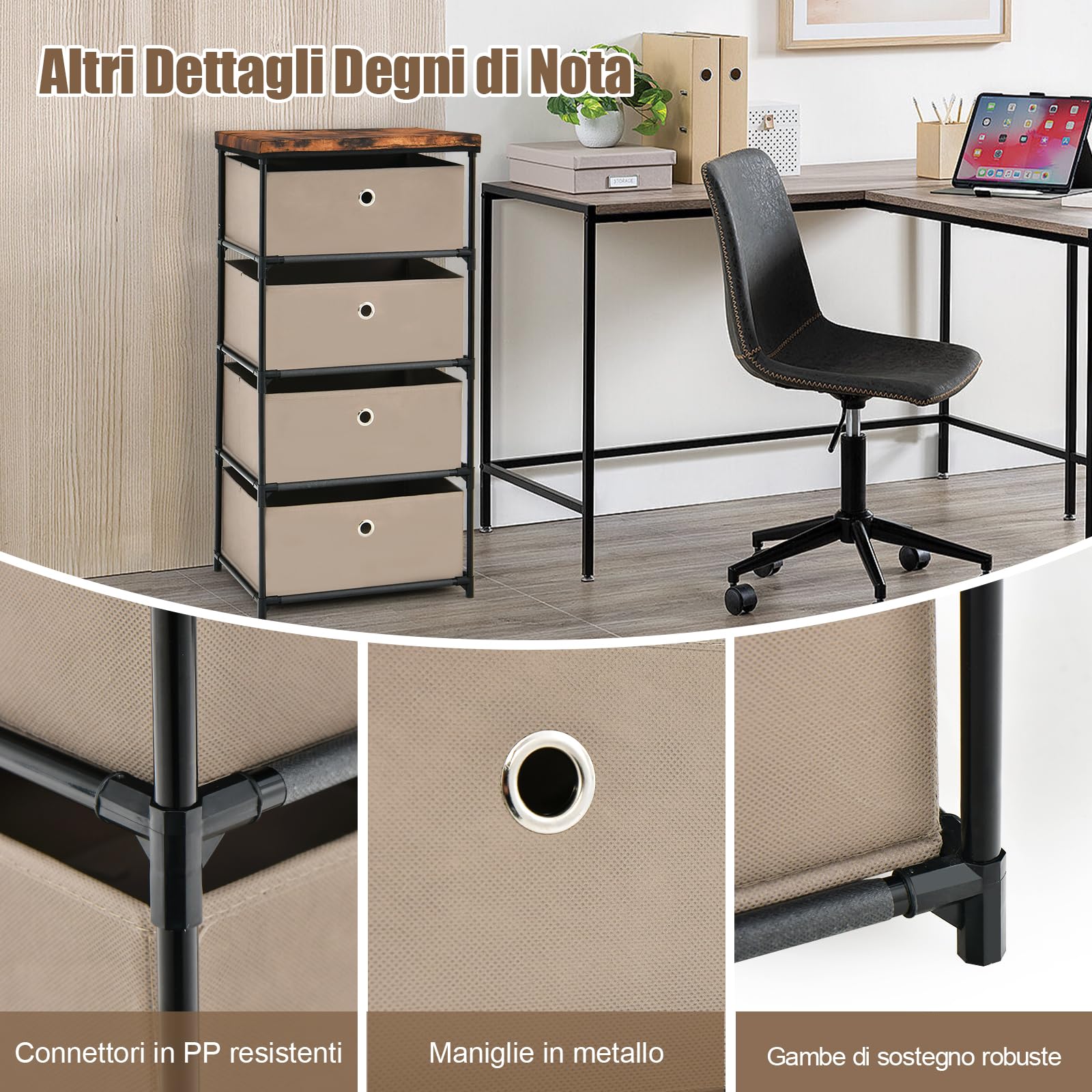 GYMAX Comò Portaoggetti, Mobile Cassettiere in Tessuto, Struttura Metallica Robusta, con Cassetti Rimovibili e Pieghevoli (Caffè, 42 x 33,5 x 84,5 cm)