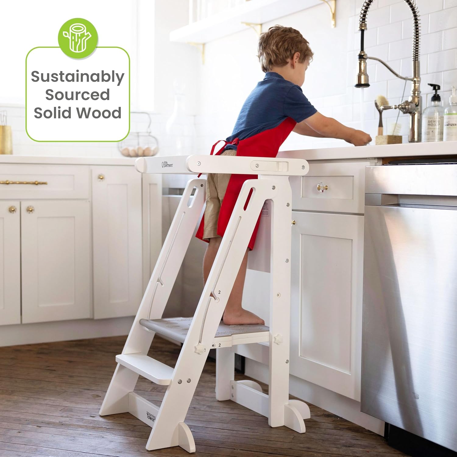 Little Partners Learn 'N Fold Learning Tower Foldable Toddler Platform Baby Kitchen Stool, Children's Folding Kitchen Stool Helper Adjustable Ladder for Kids Ages 2 to 6 (Soft White)