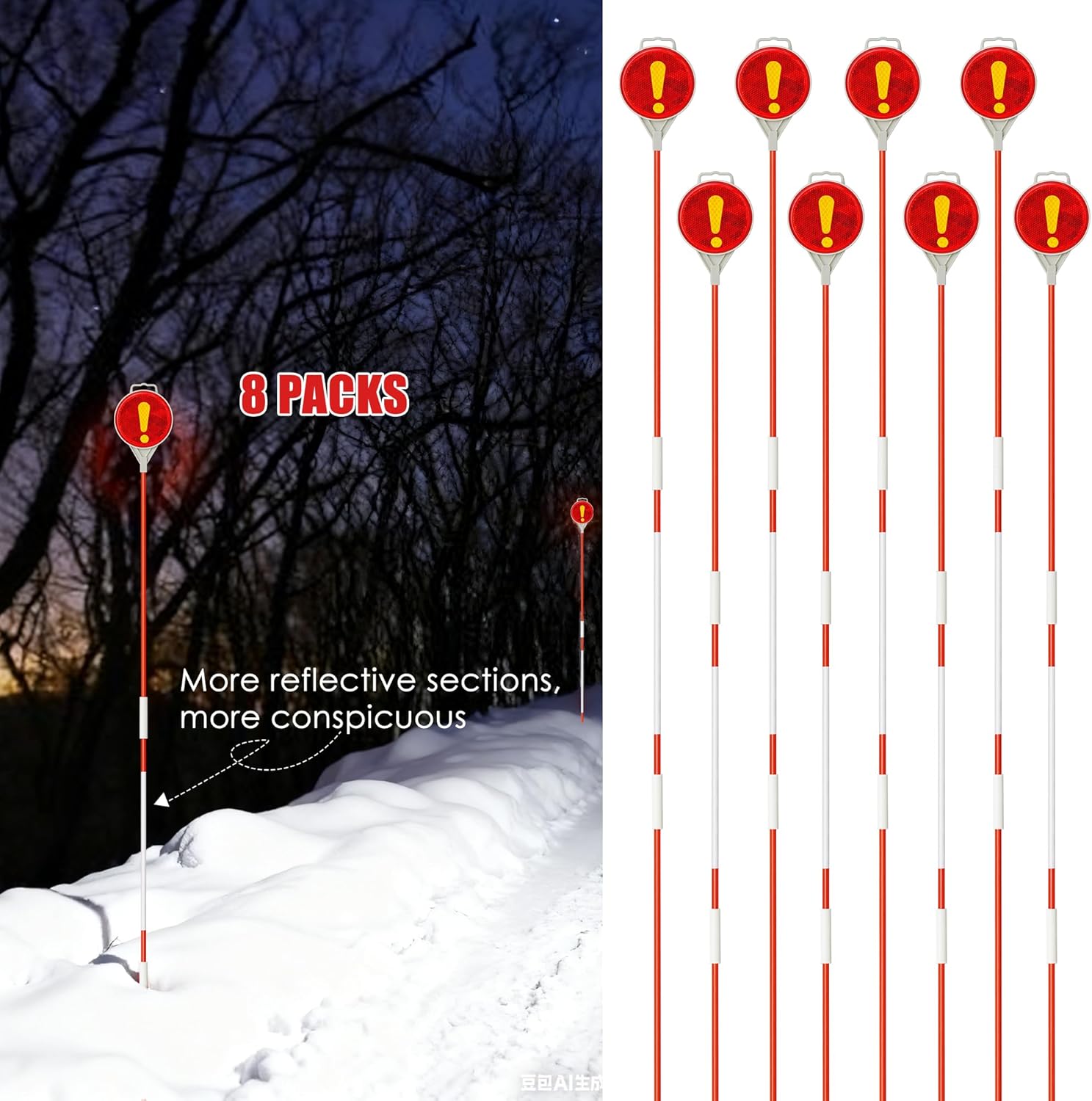 8Pcs 51.5" Reflective Driveway Markers - Double Sided Reflector with Yellow Exclamation Marks, Fiberglass Poles, Easy Installation, High Visibility for Snow Plowing & Driveway Safety