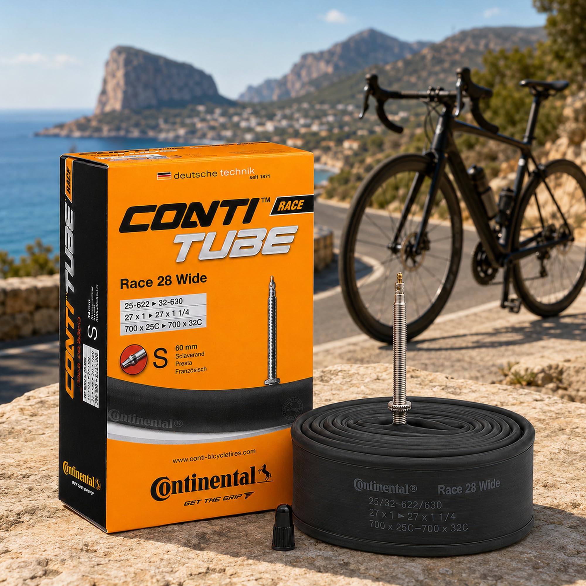 Continental. Race Lot de 4 Chambres à air de vélo 700 x 25-32c Valve Presta 60 mm avec Autocollant Conti en Bonus