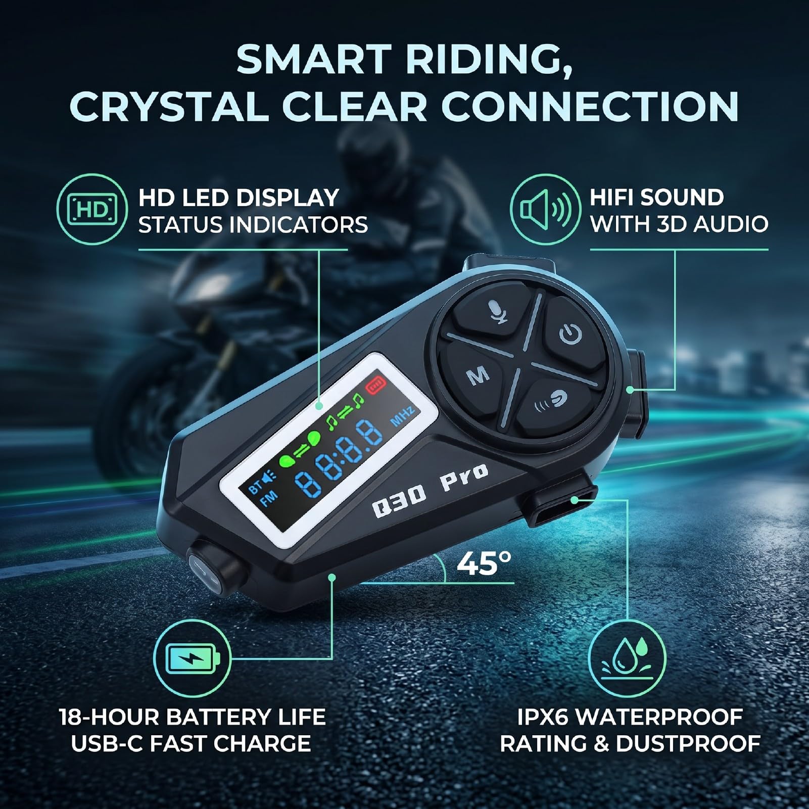 Casque Bluetooth pour Moto, avec Micro Antibruit et Affichage LED pour Les Aventures en Plein Air, Son HiFi, étanche