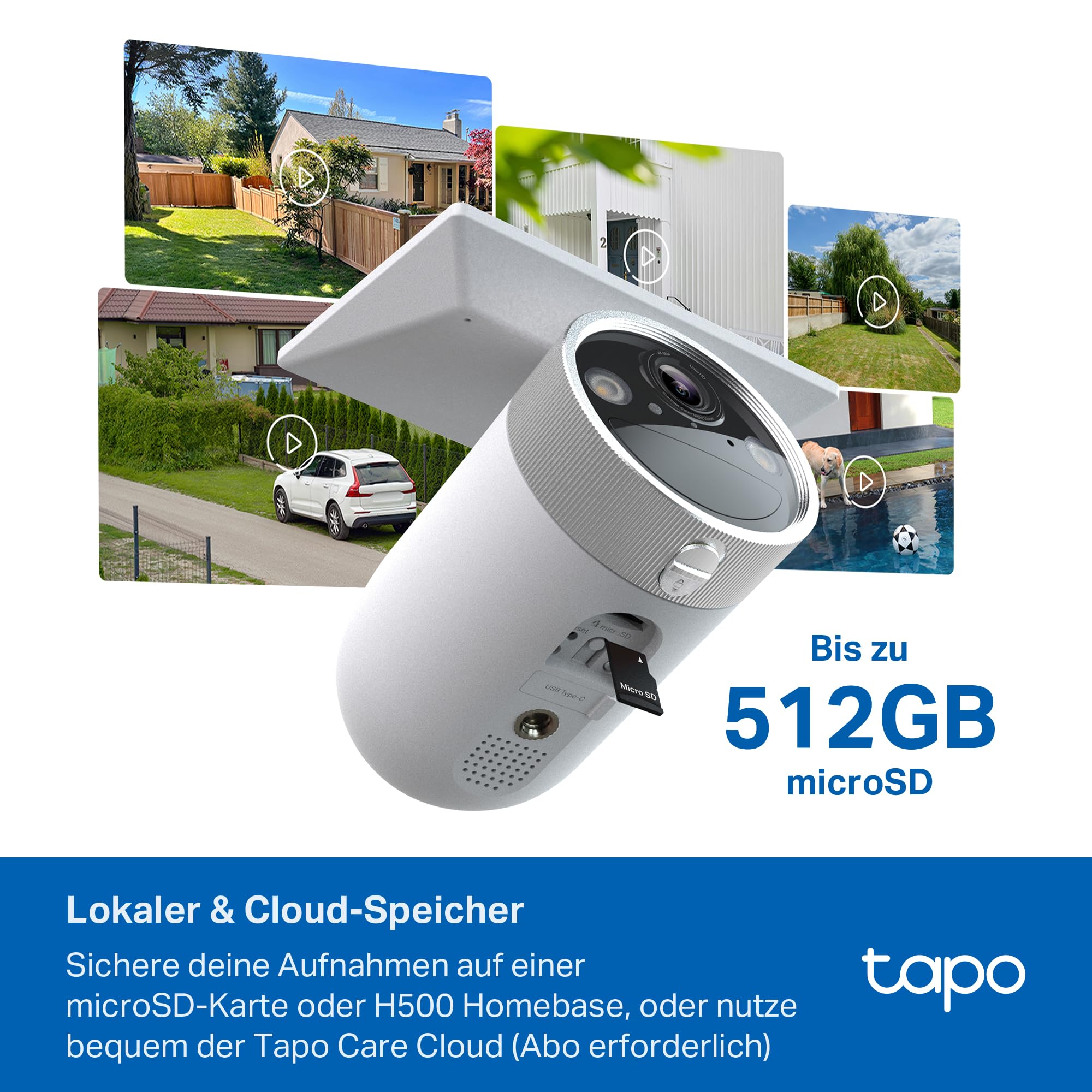 Tapo C465 Solar Außenkamera Akku, 4K 8MP, Farbnachtsicht, kostenlose KI-Erkennung, 2-Wege-Audio, lokale Speicherung über microSD-Karte oder H500-Homebase, 2,4 GHz / 5 GHz WLAN, Magnethalterung