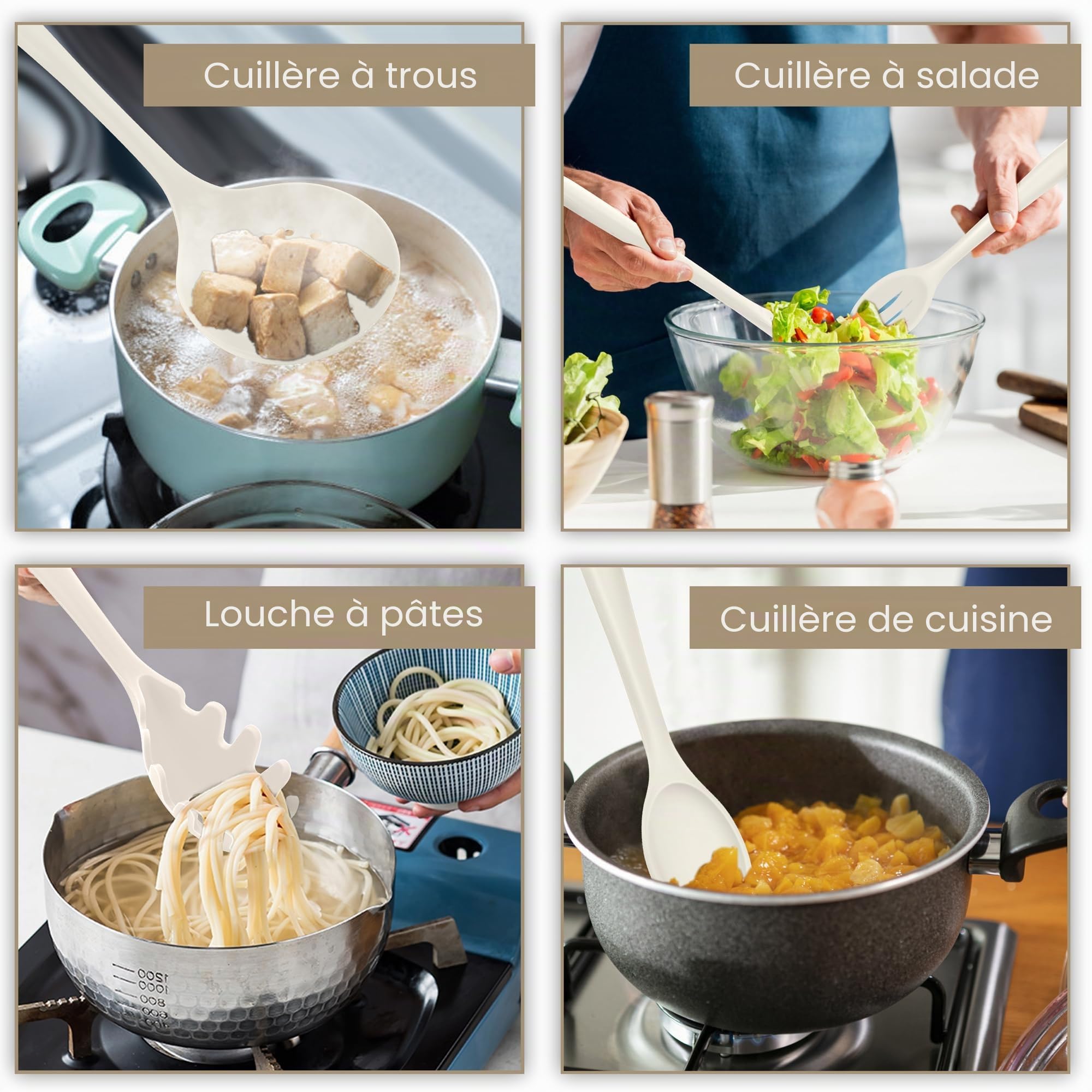 Joyfair Lot de 15 ustensiles de cuisine en silicone résistants à la chaleur avec porte-ustensiles, ustensiles de cuisine antiadhésifs, passe au lave-vaisselle, blanc
